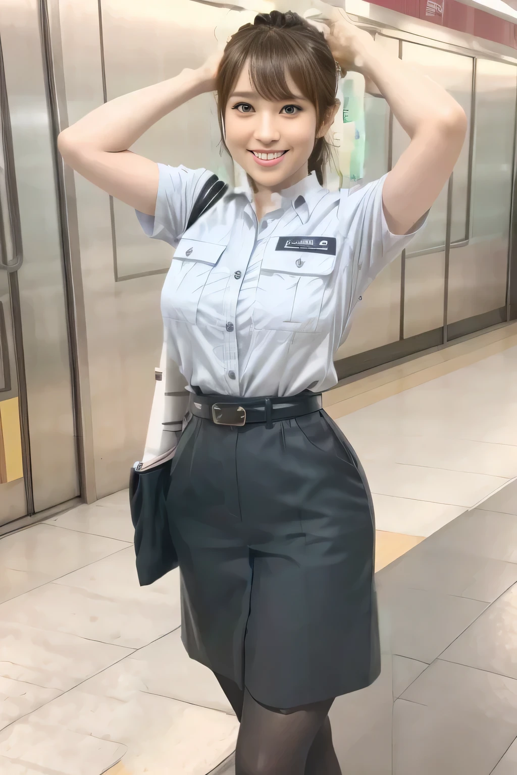 (Masterpiece:1.2, best quality :1.2), 32kHDR, high resolution, (Alone、 1 girl)、(Rooftop of a building during the day、 professional lighting)、Building rooftop background、( Tokyo Subway Woman Crew Uniform Real Style Woman 6)、(TOKYO SUBWAY WOMAN CREW UNIFORM BLOUSE SHORT SLEEVE 、 above knee culotte skirt、Waist belt)、 black pantyhose holding a puppy、 dark brown hair 、( hair gathered、 hair bang)、 dark brown hair 、Long Hit、 big breast、Thin legs、(( amazing hands:2.0)),((harmonious body proportions:1.5)),((Normal limbs:2.0)),((Usually refers to:2.0)),(( Delicate Eyes:2.0)),((Normal eyes:2.0)))、(Beautiful standing figure showing the Tokyo Subway Woman Crew Uniform) 、Hands crossed underneath 、Shy smile