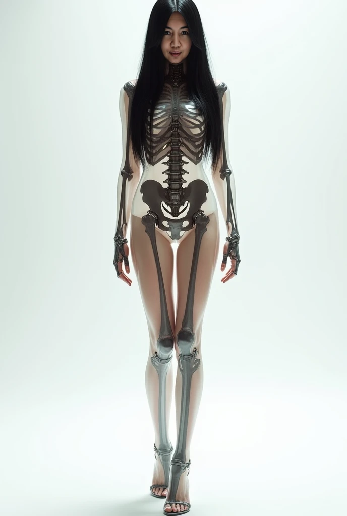 In this imaginative scene, a young woman with an entirely transparent body is standing in an open field under a bright blue sky, Her skeletal structure can be seen through her body as if she were made of glass or crystal, As she moves, the light filters through her form, creating mesmerizing patterns and shadows on the ground below, The world around her appears to be in sharp contrast, with everything else being solid and opaque, making her uniqueness even more striking,  cinematic angle, film grain, close-up, see-through,transparent, , (&:0)