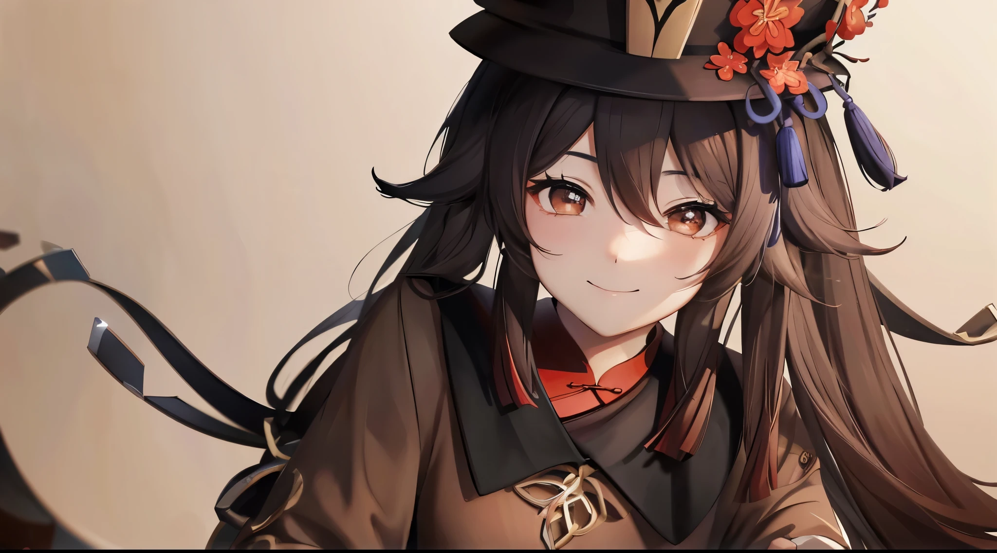 4k HD wallpaper, hu tao, painted and detailed background, details hair and clothes, smiling face with brown hair, two pigtails with hat, perfect anatomy, enhance shading