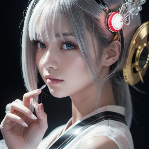 Top Quality, Masterpiece, Ultra High Resolution, (Photorealistic: 1.4), Raw Photo, 1 Girl, White Hair, Glossy Skin, 1 Mechanical Girl, (Ultra Realistic Details)), Portrait, Global Illumination, Shadows, Octane Rendering, 8K, Ultra Sharp, Big, Cleavage Exposed Raw Skin, Metal, Intricate Ornament Details, Cold Color, Egyptian details, very intricate details, realistic light, CGSoation trend, purple eyes, glowing eyes, facing the camera, neon details, mechanical limbs, blood vessels connected to tubes, mechanical vertebrae attached to the back, mechanical cervical attachment to the neck, sitting, wires and cables connecting to the head, evangelion, small LED lamp,