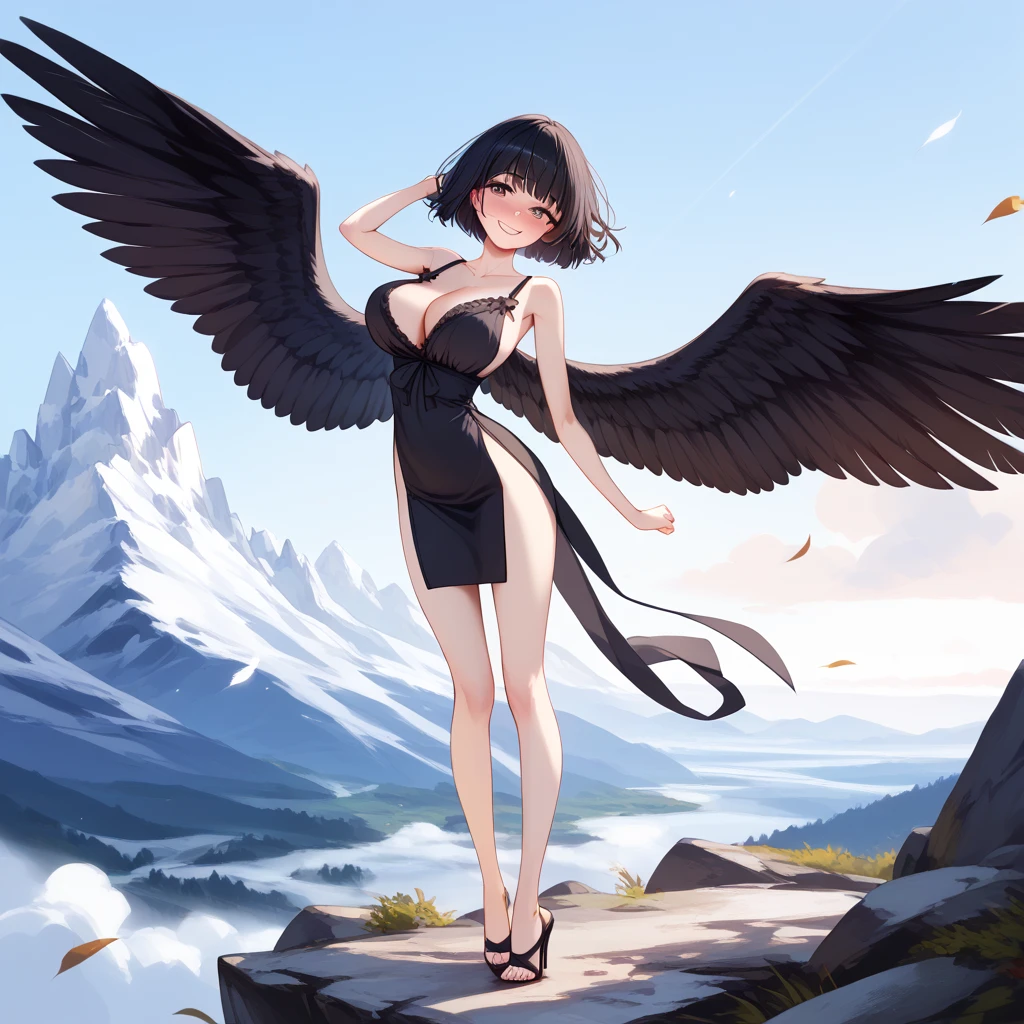 (1 seraphim girl standing on peak of frozen snowy mountain) higher than overcast, blowing frozen wind, (solo), swinging back, multiple wings, (she has 12 wings on her back), (6 white wings:1.5) and (6 black wings:1.5), BREAK, (wearing nothing without a lace trimmed sheer short black chemise:1.4), (black plunging neckline), too short black skirt flapping by wind, stiletto heels, BREAK, (black short hair:1.3), sidelocks, black eyes, (bouncing large breasts), cleavage, inconceivably narrow waist, bared skinny arms, bared skinny long legs, thigh gap, tiptoe, BREAK, baby face, nose blush, smile for viewer, open mouth, orgasm, BREAK, full body, (extremely detailed CG unity 8k wallpaper), (beautiful detailed), (ultra high resolution), (masterpiece:1.2), (best quality), (beautiful illustration)