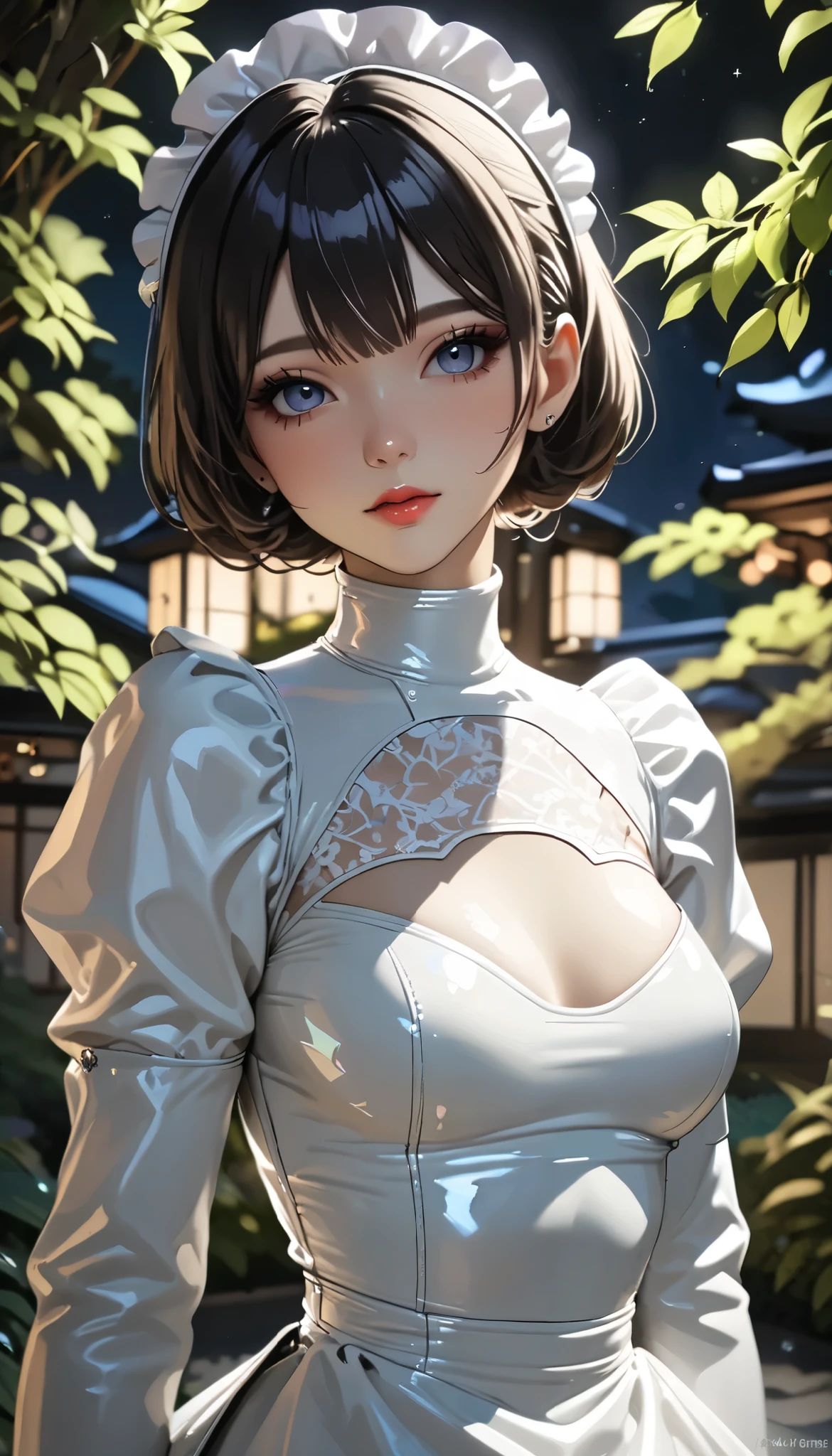 portrait、(Masterpiece, best quality , super high resolution ), Japanese woman, (((Very pretty 25 year old woman ))),(White latex maid outfit)、( white latex tight long skirt )、( long sleeve white latex shirt covering upper body)、 White Latex Long Gloves 、White latex socks、 latex bodysuit 、 latex is so glittering 、Dark garden at night、