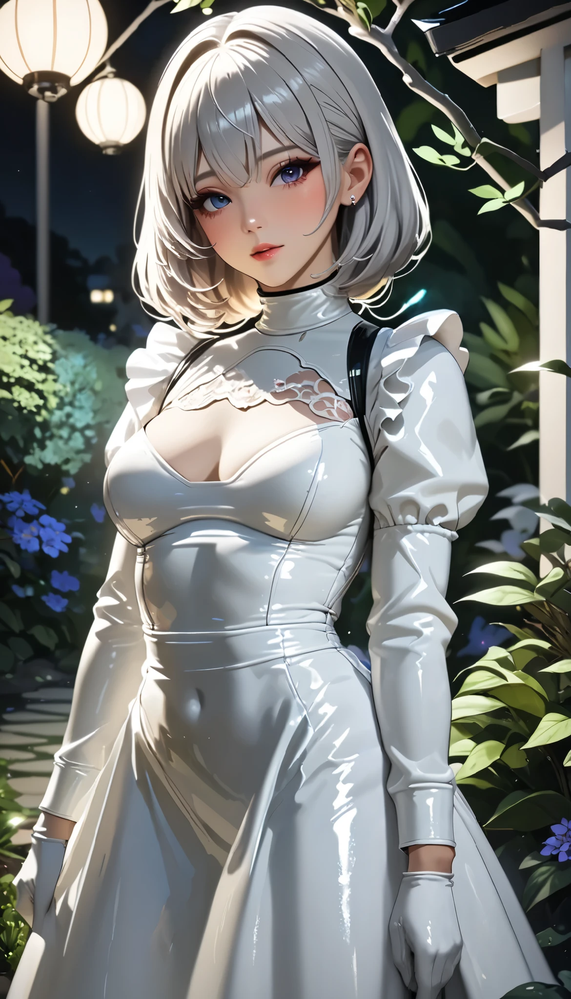 portrait、(Masterpiece, best quality , super high resolution ), Japanese woman, (((Very pretty 25 year old woman ))),(White latex maid outfit)、( white latex tight long skirt )、( long sleeve white latex shirt covering upper body)、 White Latex Long Gloves 、White latex socks、 latex bodysuit 、 latex is so glittering 、Dark garden at night、