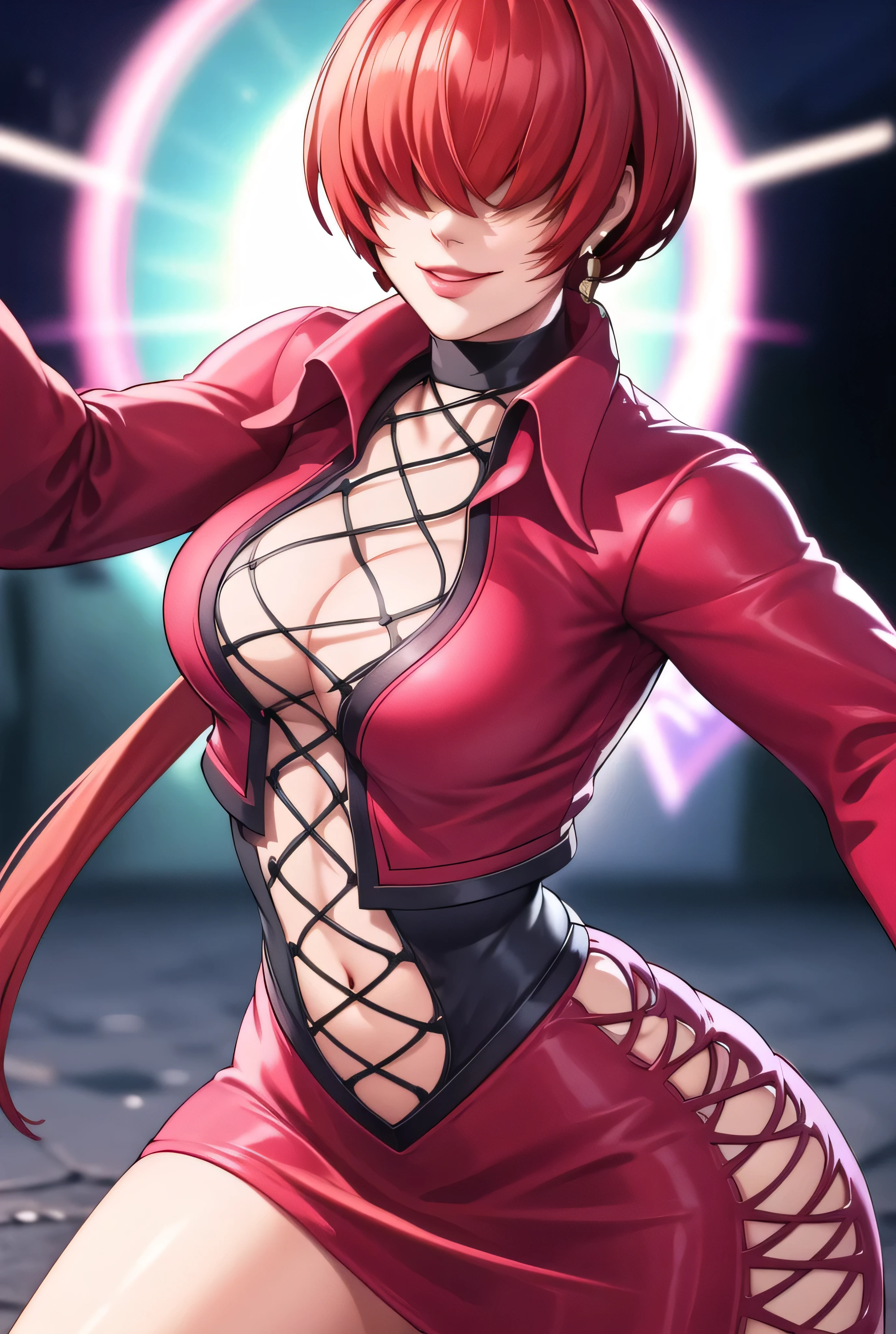 lightning circle,
Standing at attention,
Red outfit,Red latex jacket,choker, cleavage cutout, clothing cutout,
earrings,looking at down viewer,
Red hair,bangs,(hair over eyes),
1 girl, 20yo,Young female,Beautiful Finger,Beautiful long legs,Beautiful body,Beautiful Nose,Beautiful character design, evil face,
looking at viewer,(Focus on her face),,evil_Smile,
official art,extremely detailed CG unity 8k wallpaper, perfect lighting,Colorful, Bright_Front_face_Lighting,shiny skin,
(masterpiece:1.0),(best_quality:1.0), ultra high res,4K,ultra-detailed,
photography, 8K, HDR, highres, absurdres:1.2, Kodak portra 400, film grain, , bokeh:1.2, lens flare, (vibrant_color:1.2),professional photograph,upper body,
(Beautiful,large_Breasts:1.4), (beautiful_face:1.5),(narrow_waist),very evil smirk,villain pose,