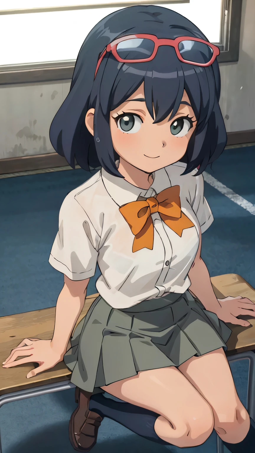{{{masterpiece}}}, (best quality:1.5), (ultra-detailed:1.5), {illustration}, {{an extremely delicate and beautiful}}, (beautiful detailed eyes:1.6), absurdres, highres, extremely detailed face, 16k, hd, visual anime de uma jovem mulher, extremamente bonito rosto de anime, anime melhor garota, (perfect hands, perfect anatomy), anime face, Haruna Otonashi (Inazuma eleven), celia, 1girl, solo, cute face, blue hair, short hair, wavy hair, eyewear on head, red glasses, grey eyes, big eyes,medium breasts, big hips, curvaceous, BREAK, {school uniform}, {raimon junior high school uniform}, (white shirt:1.3), short sleeve, orange ribbon tie, mini skirt, pleated skirt, gray skirt, kneehighs socks, black socks, brown shoes, BREAK,1girl, cowboy shot, kyoushitsu, classroom, indoors, school chair, school desk, chalkboard, window, ceiling light, curtains, smiling, from above, looking at viewer, daytime, flushed cheeks