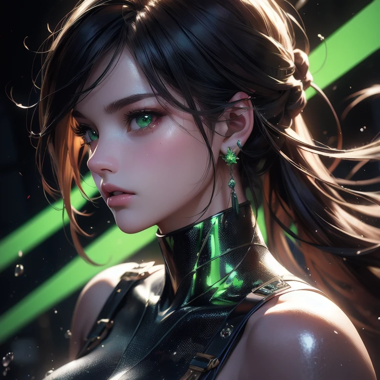 ((Long shot: 1.4, dynamic pose: 1.4)), (( young woman alone, oriental features: 1.6)), (( beautiful, sensual and self-confident: 1.5)), (( light brown and shiny eyes, hair afro:1.5)), ((ultra detailed:1.5)), sensual smile, beautiful full and shiny lips, with tattoo on arm and cheek, handsome hairstyle:1.2, cyberpunk, cyberpunk handsome, dreamy, ((beautiful and detailed hair, soft and bright:1.3)), dark atmosphere, cyberpunk clothing, ultra-realistic 8k, cyberpunk 20 years. a model , The portrait, highly detailed 32k digital art, Beautiful digital artwork, Cyborg Cyberpunk. ((colors, cyan, greens, pink, brown: 1.2)), 8k realistic digital art, soft neon lighting on the face and body, ((highly detailed: 1.4), ((masterpiece)), (hyper detailed and beautiful: 1.3), (Photorealistic: 1.4)