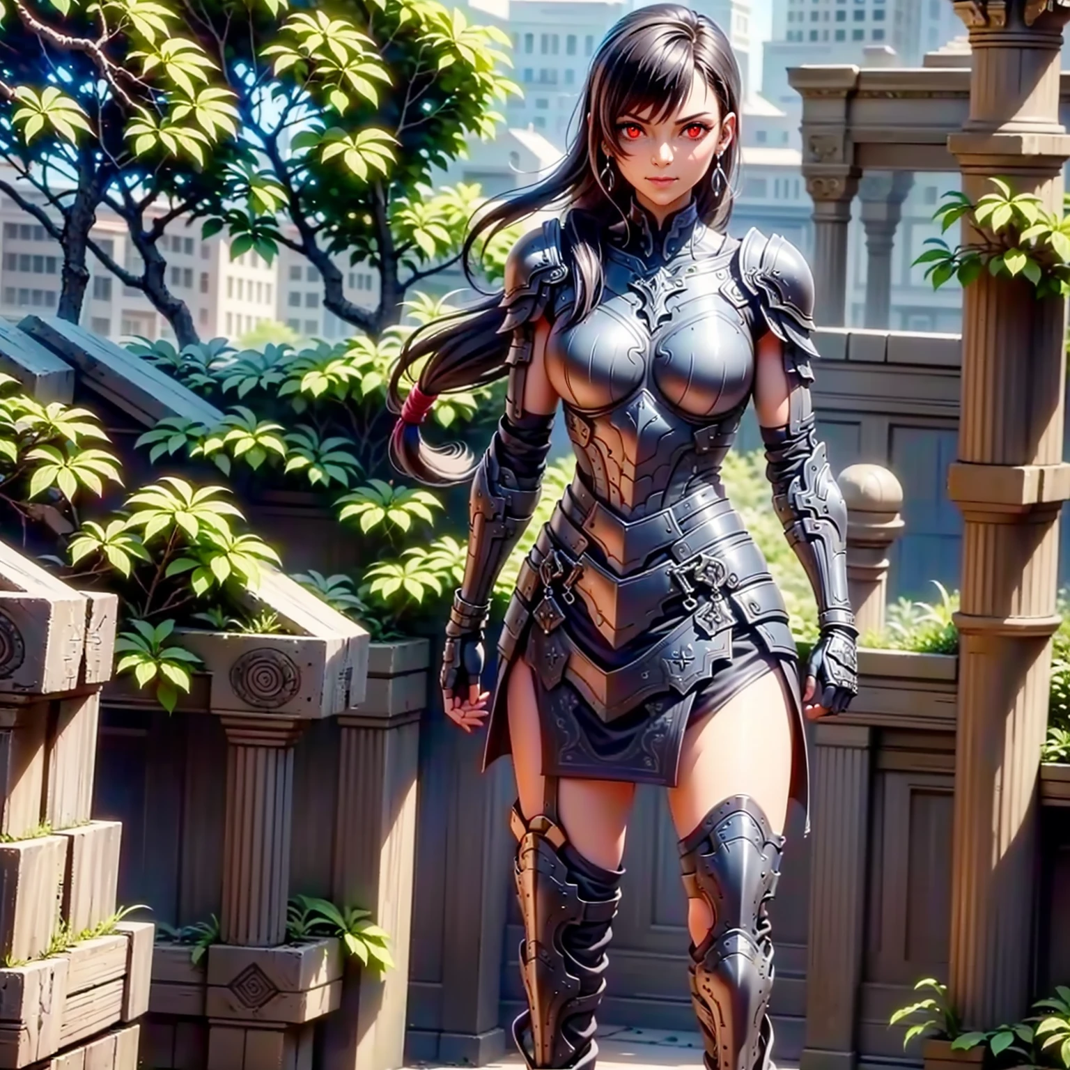 (High Detail:1.2) Anime Girl, (Best quality, Detailed), (dark and serious, blushing, gravelly:1.3, dark:1.2), 1girl, (solo), long braids hair, dark brown hair, ((black eyes)), black skin, small breasts, black plate armor, full body, sinister, intense look, grass, background dark, Volumetric light, hyper realistic, super detailed, Dynamic pose, (very sexy body, detailed face, detailed eyes, masterpiece, highly detailed, 8k, best quality, vibrant colors, digital art, concept art)