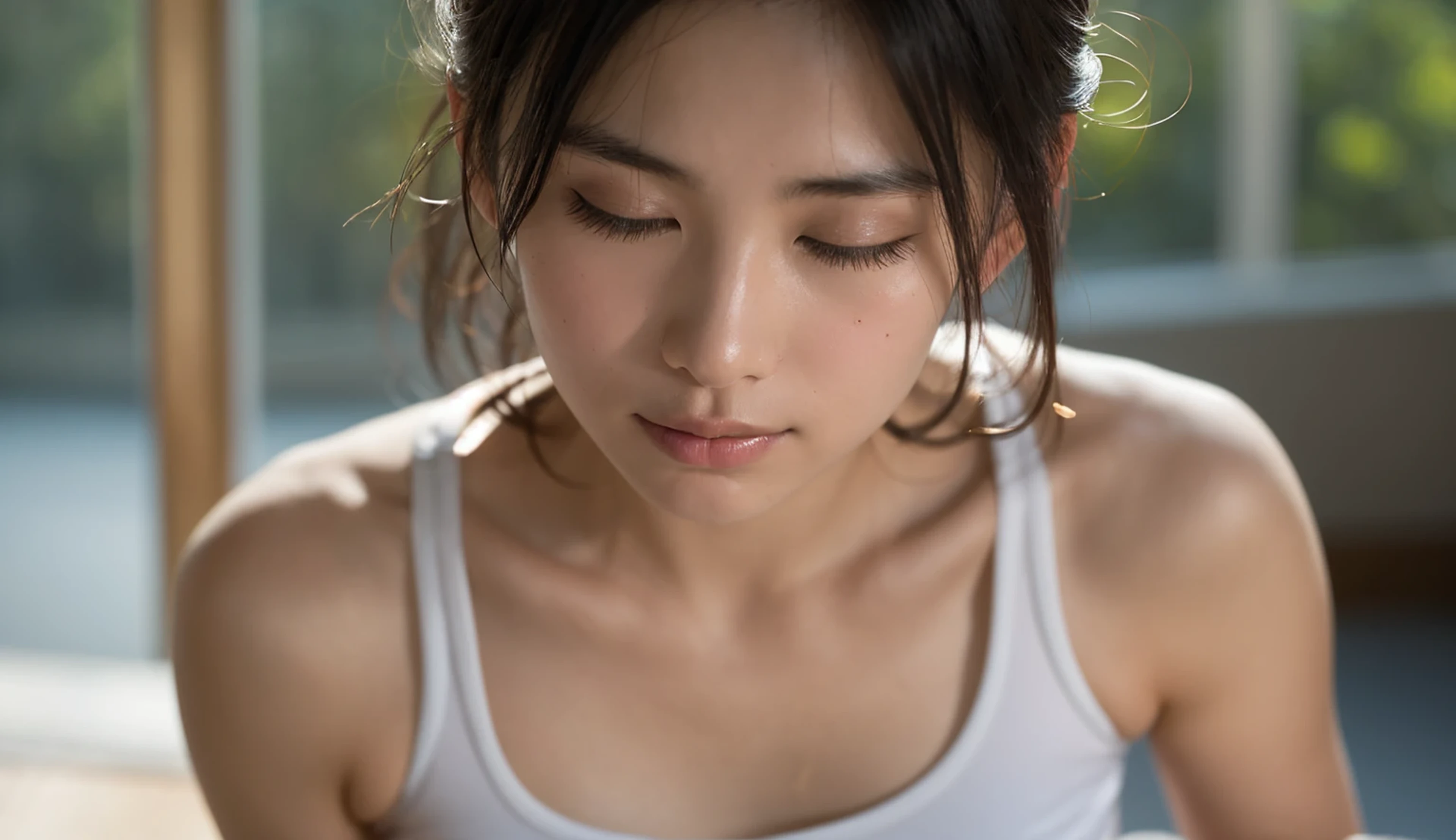 Highest quality, 8K, Very delicate and beautiful, Highly detailed face and skin texture, High resolution, Wearing a sports bra and yoga pants、A big sexy blonde long haired Japanese girl with tanned skin is bending over 13 Year old toung out on toilet 