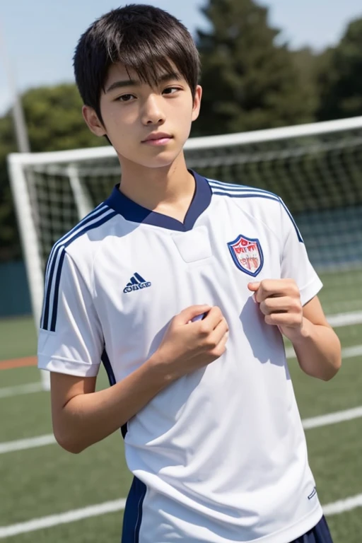 best quality, ultra high res, (photorealistic: 1.4), crose up, 1 boy, (ulzzang-6500:1.0), (intricate maid crothes: 1.0), brown hair, lip smile, detailed happiness eyes, with football, on a sand field, super detailed