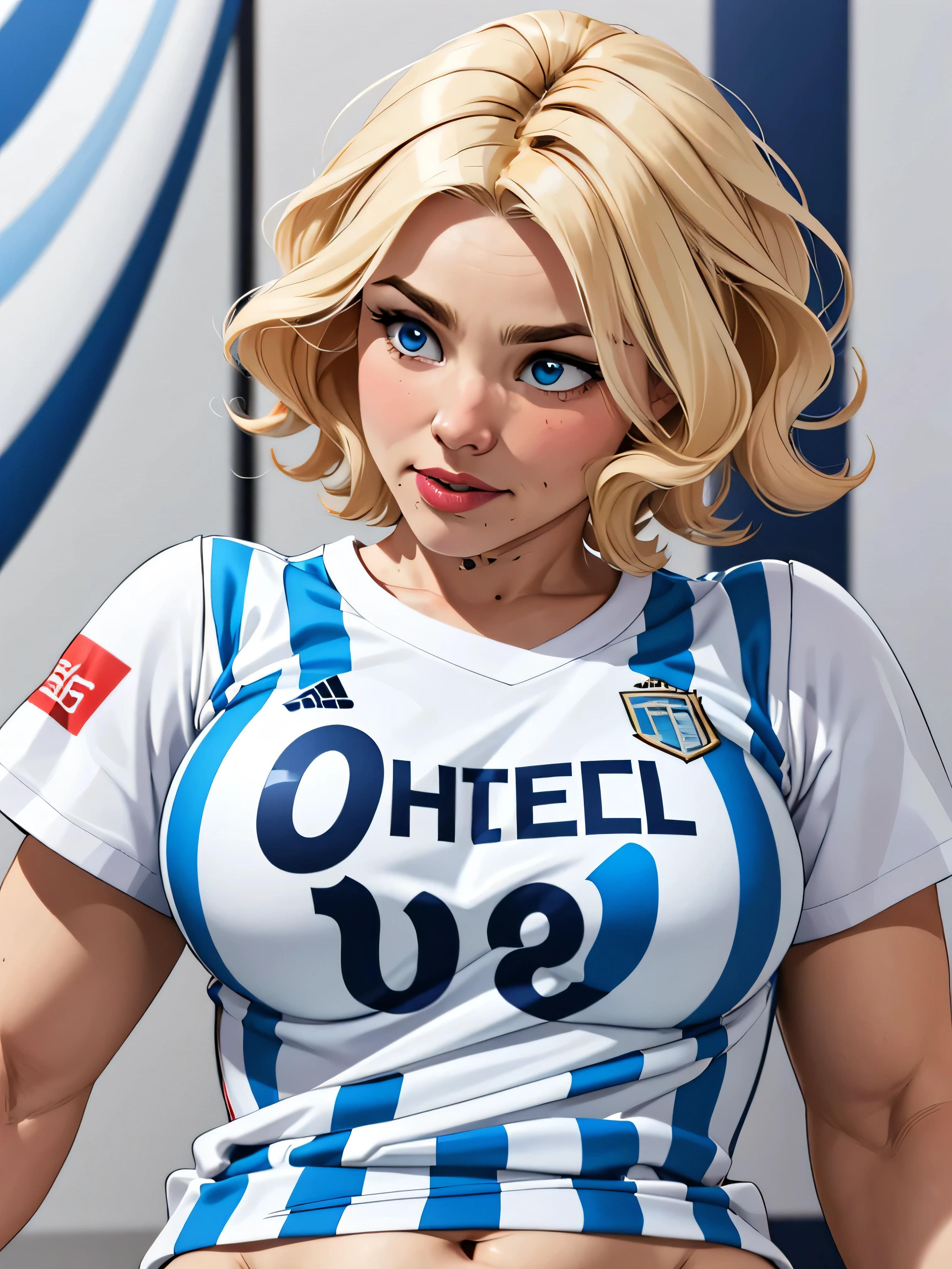 Girl with short blonde hair, blue eyes, Girl wearing a A white shirt with thick blue-white stripes, vertical blue stripes, Argentina national football team shirt Close-up image, only belly, bust and head,