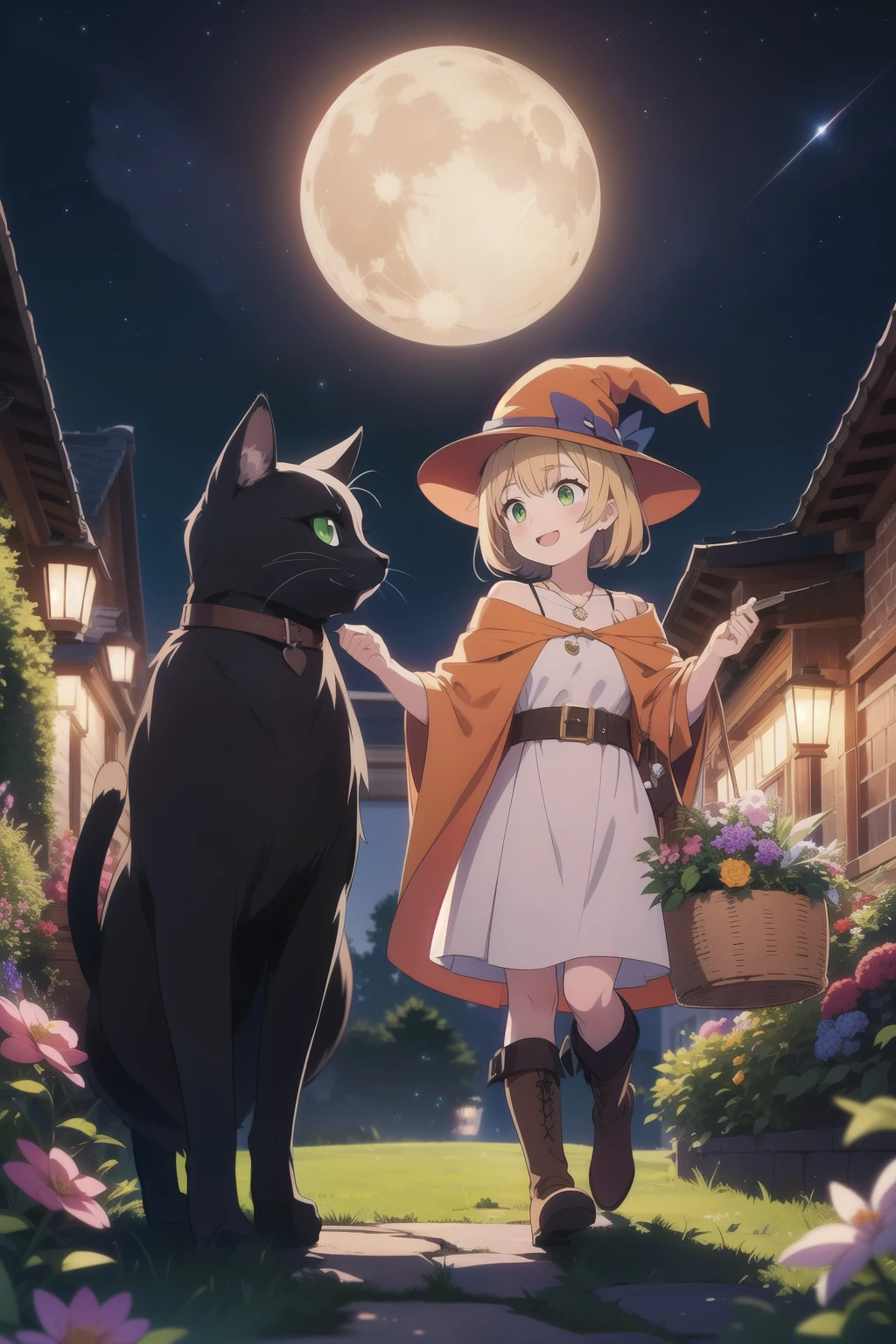 Best illustration, best quality, colorful witch around who carries a large basket containing various kinds of medicinal herbs, beige dress, orange cloak, dark brown long boots, green eyes, smile, Bluestone Pendant, night, starry sky, moon, buddy black cat, grassland, colorful flowers, extremely fine and beautiful colors, 8k resolution, amazing surprise, dynamic lighting like in movies, eye contact, highest resolution