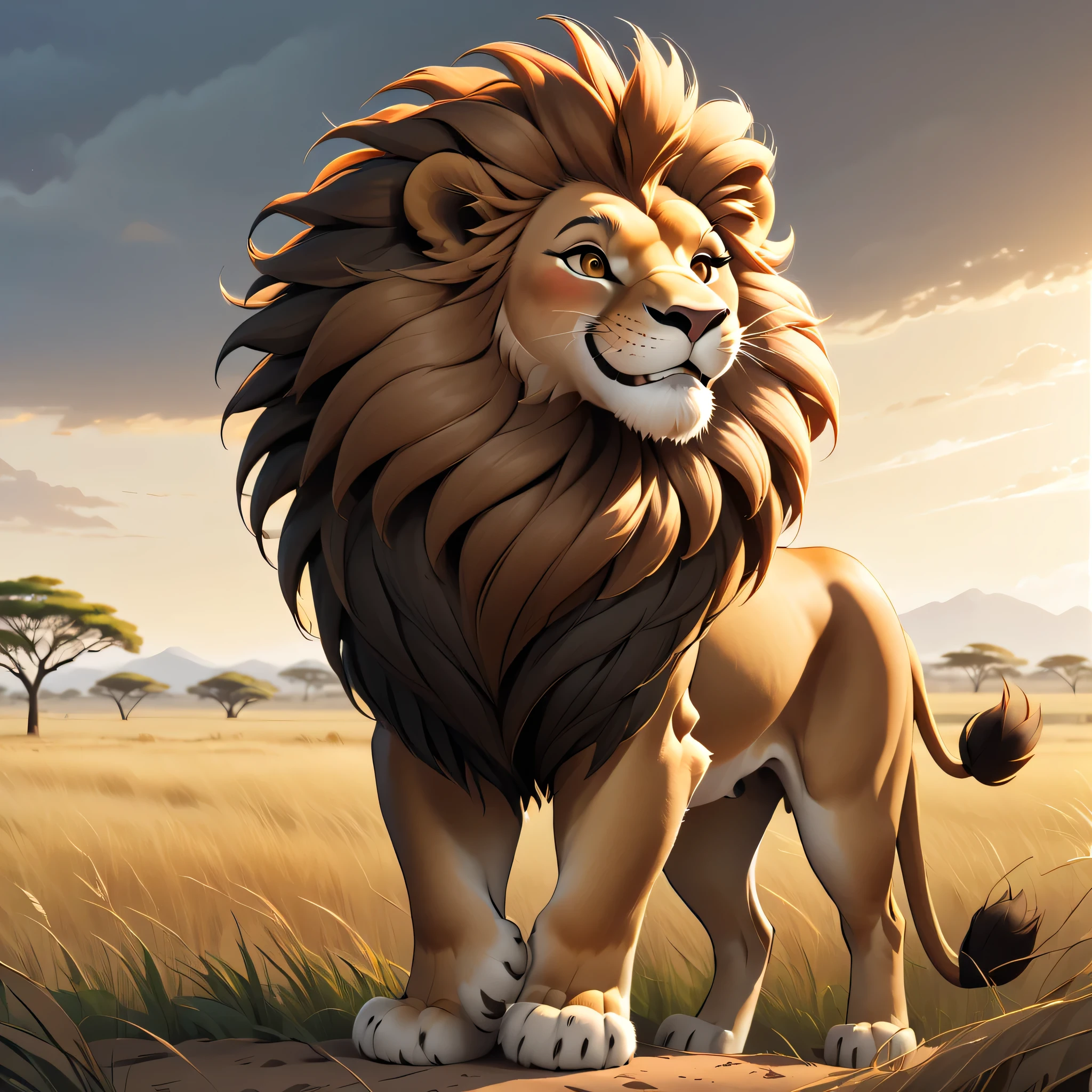 Furry African lion , Smile, side view, whole body,  best quality,  masterpiece, Higher, 4K, 8K,  actual , Cartoon, The background is an African prairie