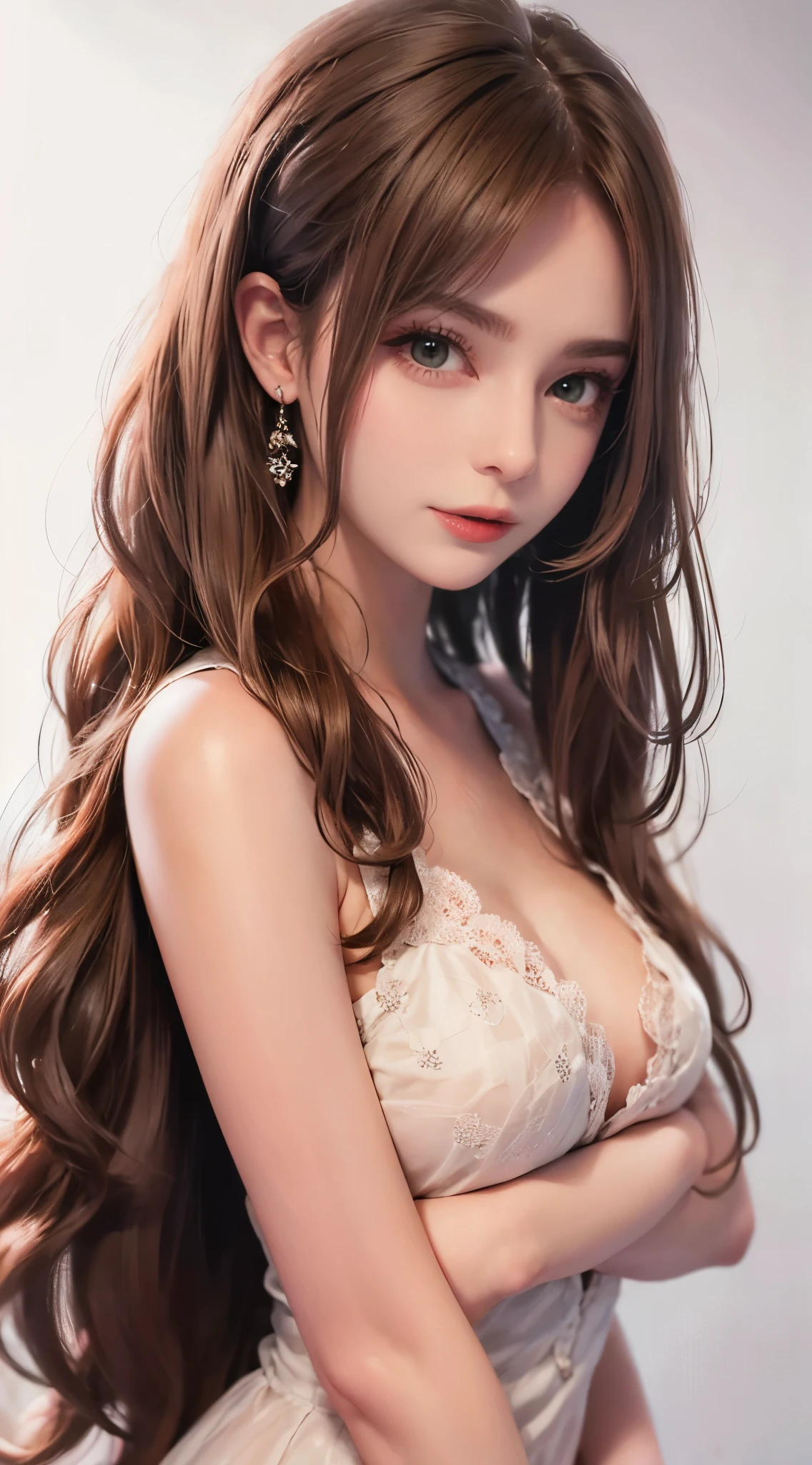 ((nude, naked)),high resolution, (masterpiece: 1.4), hyper-detail, wavy long hair, brown hair, 1girl, emerald eyes, pink lips, pastel green dress,