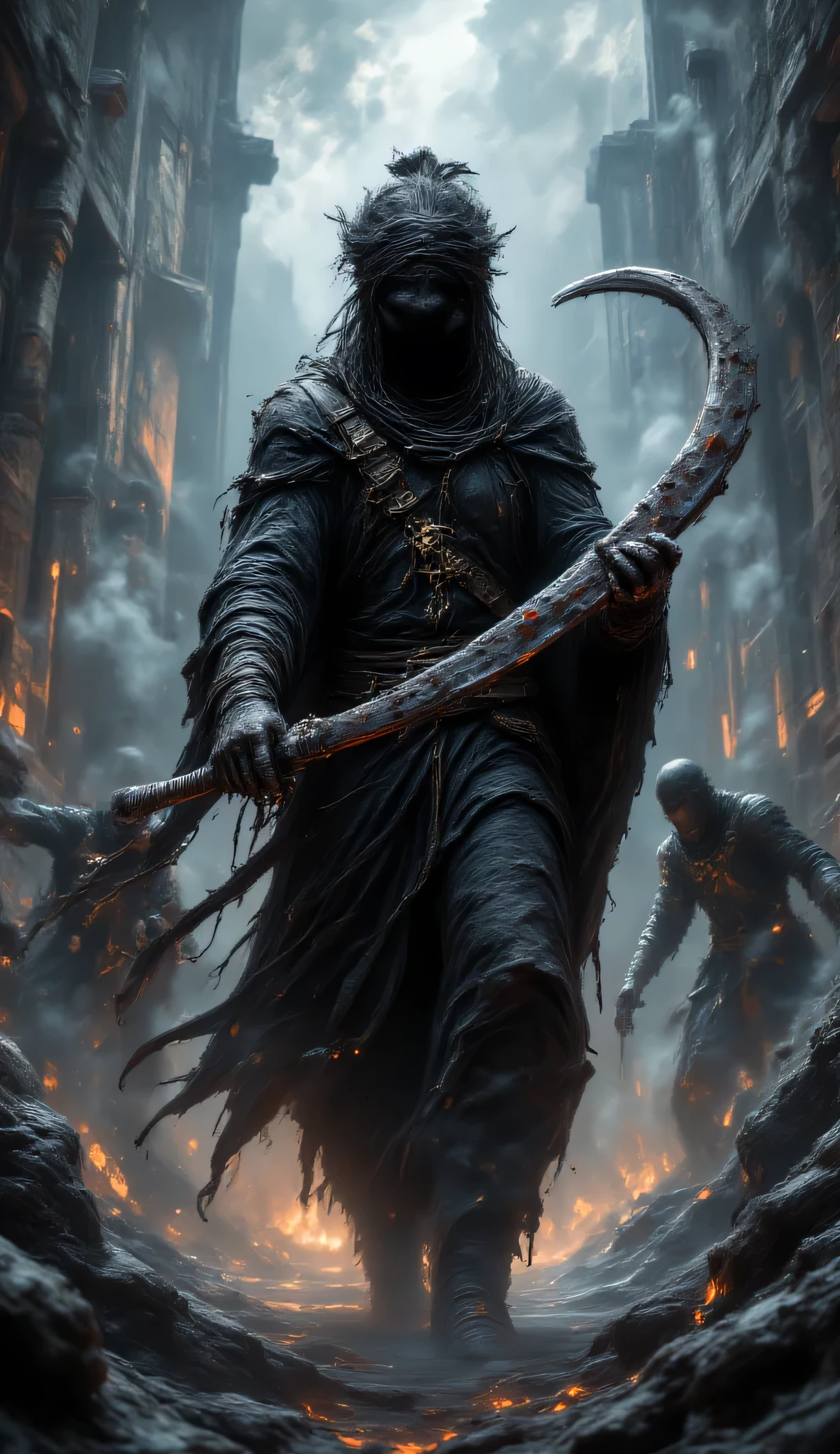 A man dressed in black walks by, wearing a devil's turban and holding a sword, and behind him are soldiers dressed in black fighting, with blood and fire all around in the background.