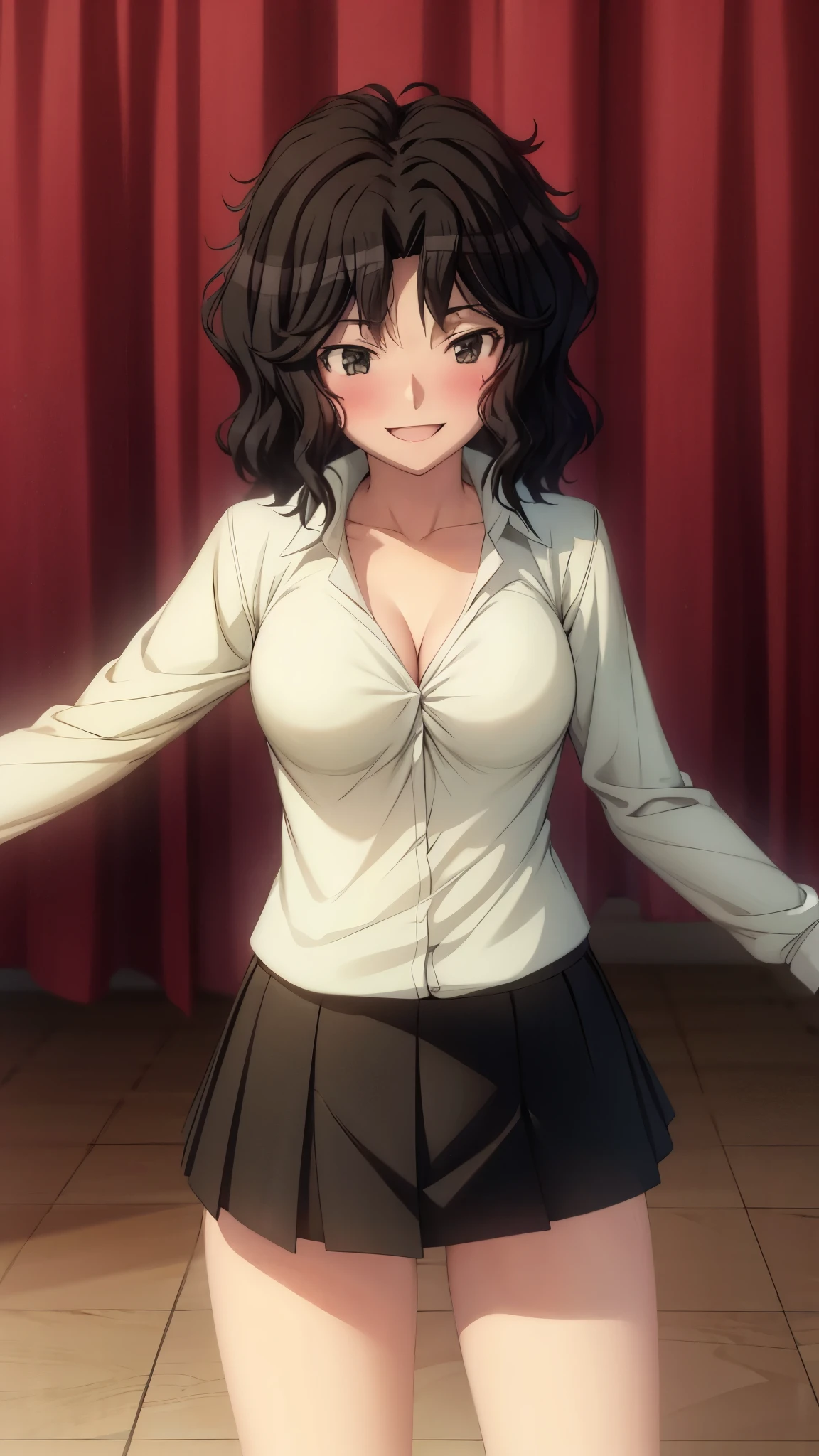 ( super high quality , super high resolution,16k,super masterpiece,Ultra HD ,Detailed shading and background,) sexy girl ,( white shirt, cleavage in years, black miniskirt,)smile,blush,