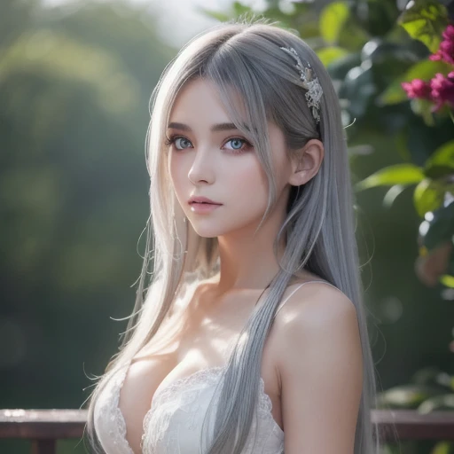 There are women with long gray hair, White simple dress Real anime girl, Perfect white hair girl, Anime Girl Cosplay, Photorealistic Animation, a Surreal , Realistic Anime 3D Style, Realistic young anime girl, Ultra realistic anime, White Hair Girl, Photorealistic Animation girl render, Beautiful anime school girl, Surreal , Fantasy beautiful forest background