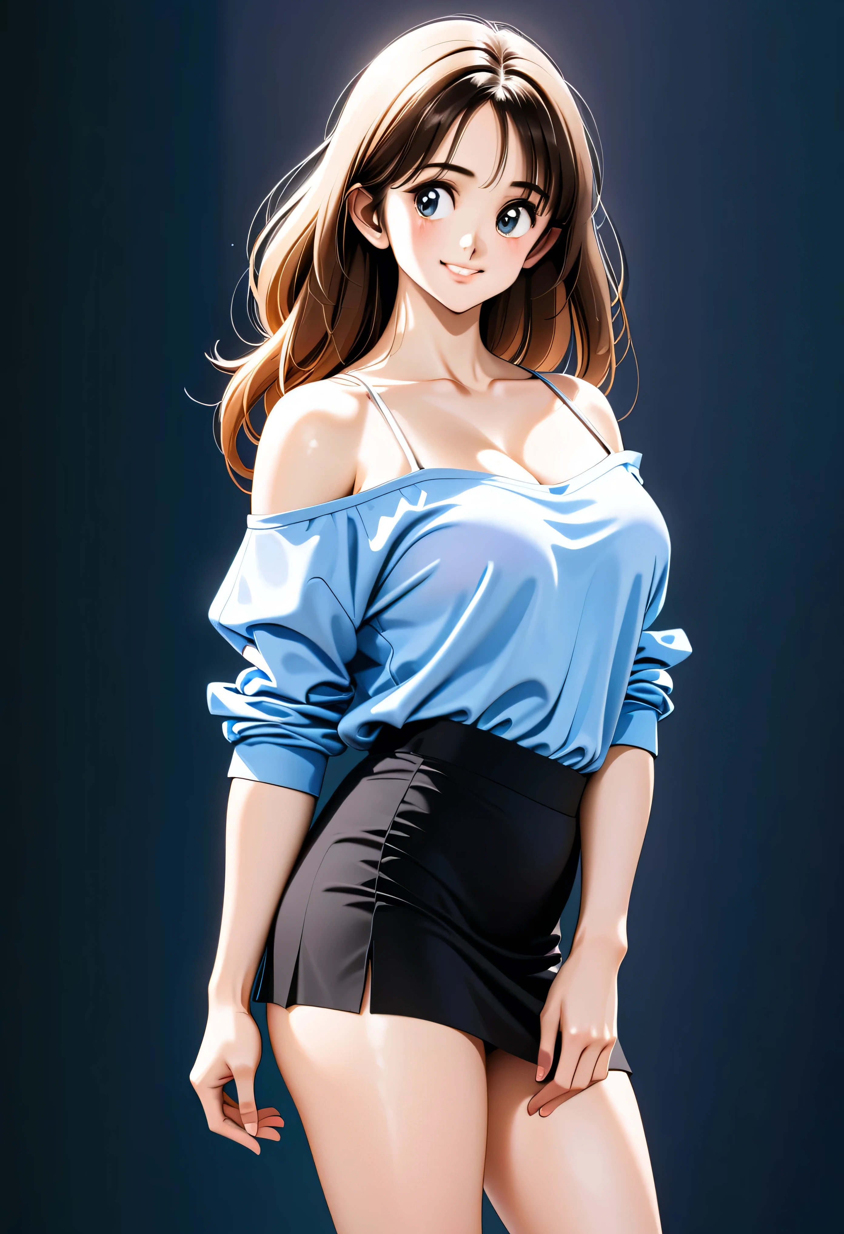 8K, Raw photo, highest quality, high detail, ultra high resolution, masterpiece, (realistic:1.4), focus only, (Slender body:1.5, huge breasts:1.4, cleavage), (young woman:1.3), photograph, (Medium Wide Shot Cropped Leg:1.3), Three Quarter View Pose, (cinematic lighting:1.2), vibrant, Bright colors, detailed face, fine eyes, random hairstyle, (off shoulder shirt, micro mini skirt:1.4), (random place, Random seasons, Random weather:1.1), (friendly smile:1.1), Tall height, long legs, beautiful leg lines, small buttocks, beautiful hip line, (great proportions:1.6), (10 head body:1.3), (nsfw:0.9), Japanese girl, Japanese actress, No bra, no panties, erect nipples, (((Pubic hair protrudes from the top of the super low-rise skirt))), pubic hair: 1.6, (((Pinch the hem of the skirt and roll it up:1.6)))