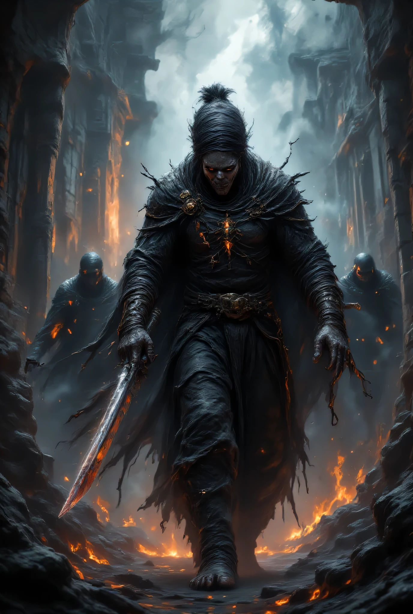 A man dressed in black walks by, wearing a devil's turban and holding a sword, and behind him are soldiers dressed in black fighting, with blood and fire all around in the background.