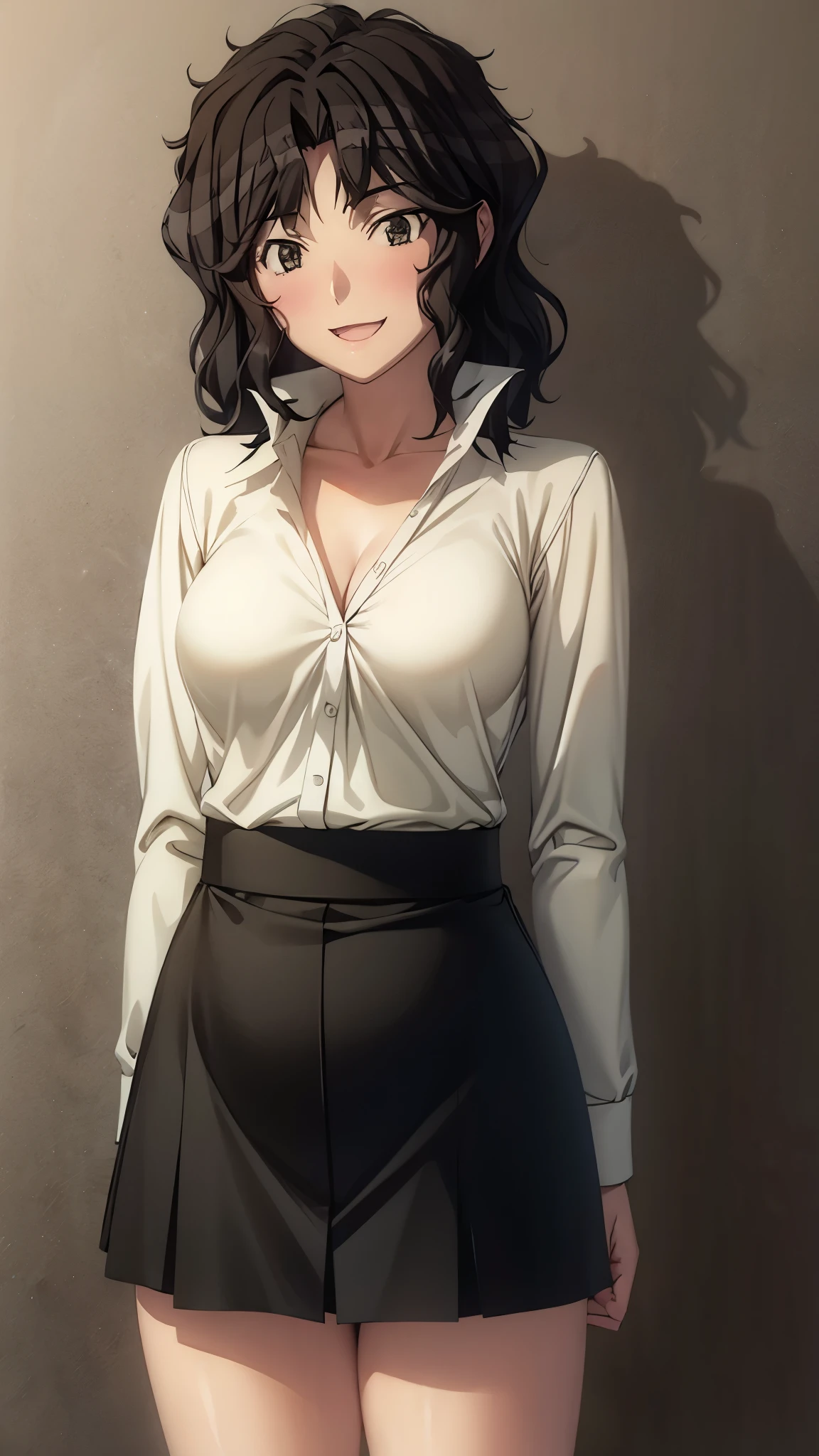 ( super high quality , super high resolution,16k,super masterpiece,Ultra HD ,Detailed shading and background,) sexy girl ,( white shirt, cleavage in years, black miniskirt,)smile,blush,