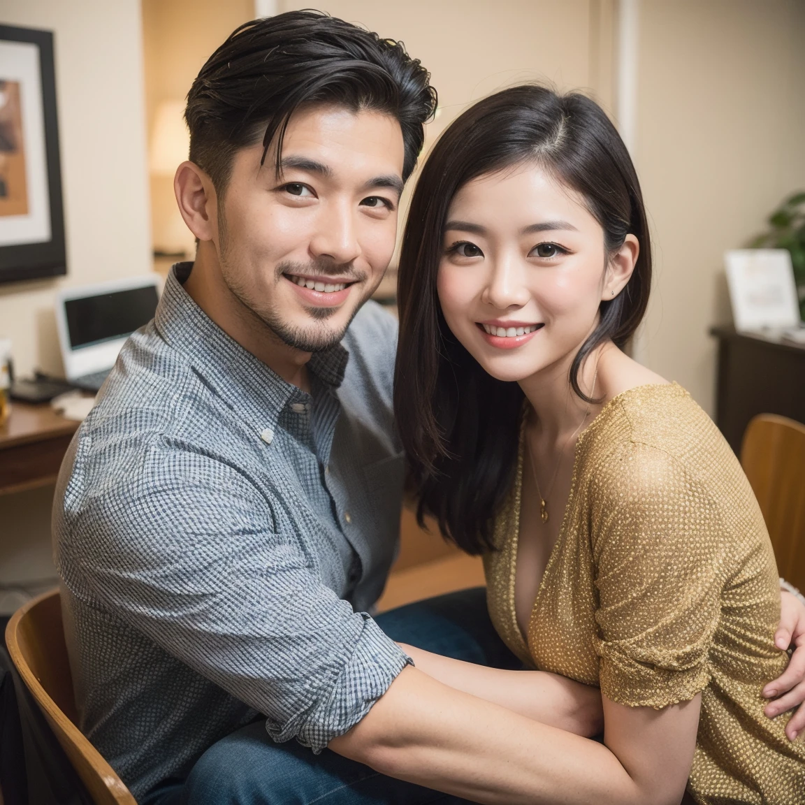 1 office lady and 1 old man sitting,close to each other, (his arm touching her breast:1.1),very cute face, bob hair, white thin fabric turtleneck, headset,baseball stadium,perfect anatomy, masterpiece, best quality, perfect face