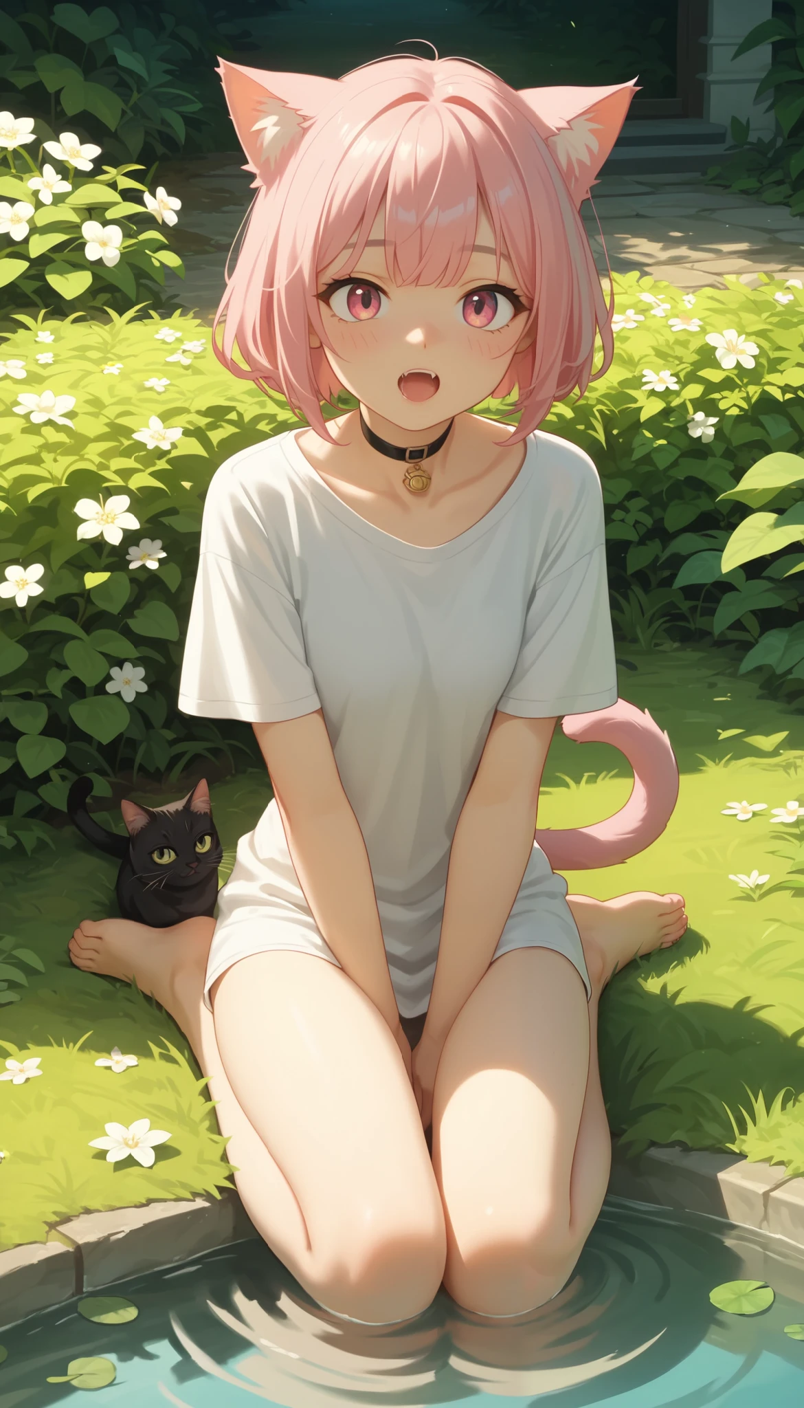 anime_screencap, score_9, score_8_up, score_7_up, score_6_up, score_5_up, score_4_up, anime_source, Hentai, (masterpiece), best quality, Cat girl in the garden, playful, funny, cute, in fur, absurd, boat shirt, puffy fur, pink hair, choker, cat tail, on her knees, begging, pet, highrest, UltraHD, 8k,
