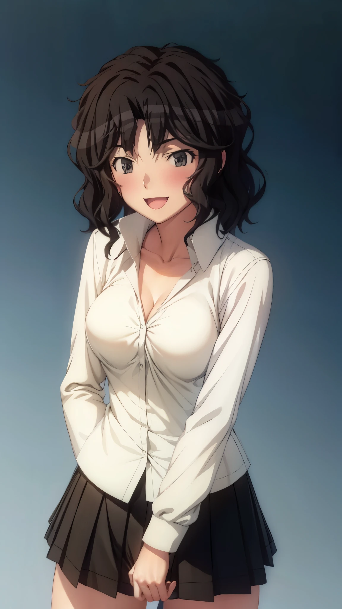 ( super high quality , super high resolution,16k,super masterpiece,Ultra HD ,Detailed shading and background,) sexy girl ,( white shirt, cleavage in years, black miniskirt,)smile,blush,