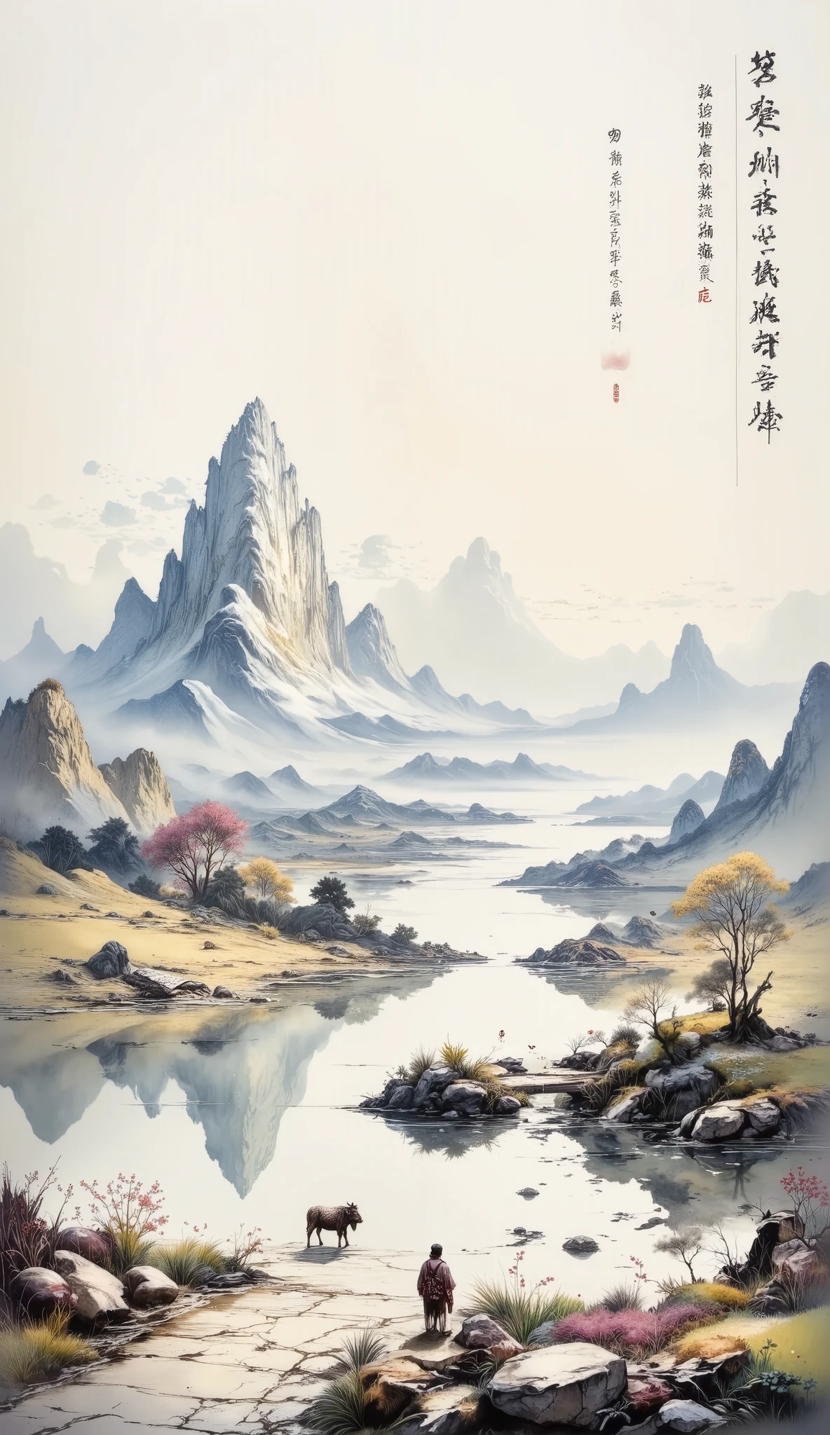  Chinese landscape painting  ，pintura a ink y acuarela，ink de agua，ink，stain，distant Vista， Ultra-wide viewing angle，Meticulous，Diagrama de cinco vacas，Cinco revendedores，shore， small stone bridge ，grass fields，The tree，The view is a mountain .，（8k wallpaper），（  Light and Shadow Effect  ）， rendered by octane ， White Balance Design ， Extremely detailed image rendering，wide angles， depth of field，tmasterpiece， realistic ，beautifully portrayed ，A detailed，acura， masterpieces ，tmasterpiece