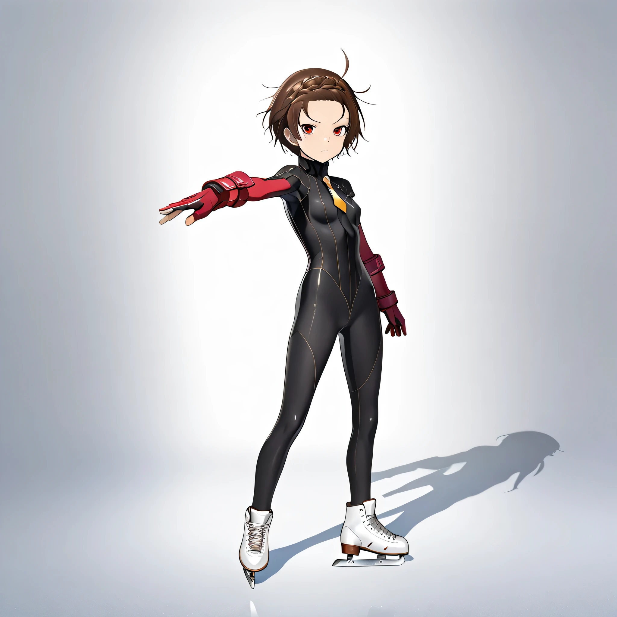 anime, (masterpiece), (best quality), (ultra-detailed), (best illustration), (best shadow), (absurdres), (detailed background), (very aesthetic), shiny, detailed beautiful eyes, outstanding, countershading, detailed soft lighting, an exquisite animation illustration, 1girl, solo, anheang, Dollsuit, thighthigh, dark persona, empty eyes, expressionless, blank eyes, looking at viewer, red gloves, full body, emotionless, Fighting Stance, hair ornament, small breast, yuitsuka inori, red eyes, brown hair, braided bangs, short hair, one side up, brown eyes, (((skate background)))