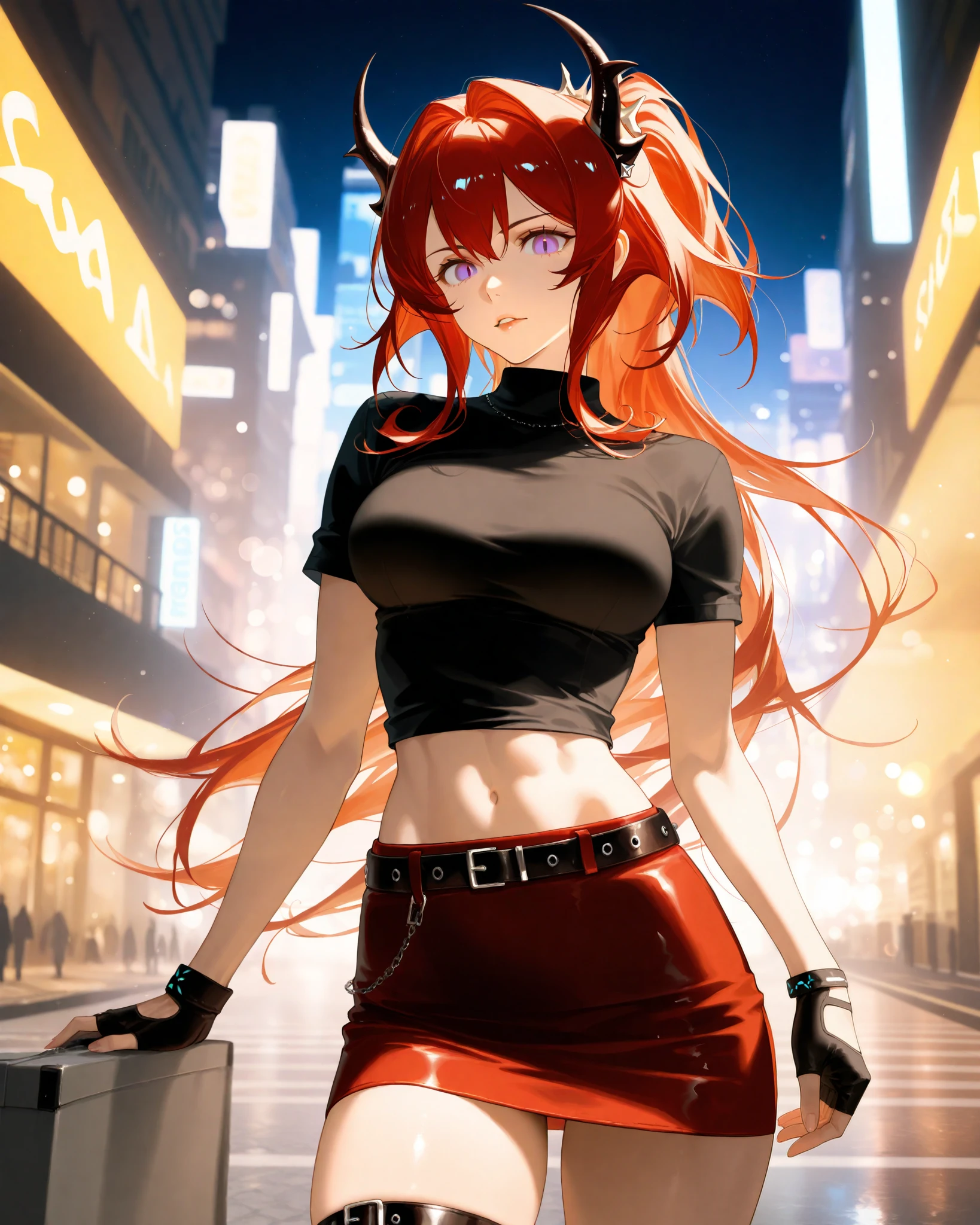 {{super detail, best quality, anatomically correct, textured skin, high quality, high details, highres, masterpiece, best quality}}, cowboy shot, 1girl, solo, surtr (arknights), long hair, red hair, horns, high ponytail, purple eyes, medium breasts, thigh strap, black belt, black gloves, fingerless gloves, black shirt, midriff, red skirt, {{short sleeves, mini skirt}}, makeup, (solo:1.1), (mature woman:1.2), beautiful face, (detailed eyes), symmetric eyes, (thin lips), (beautiful round breasts), voluptuous body, toned, stomach, slim waist, (masterpiece, best qualty), soft ambient lighting, standing, front view, city street background, buildings, vivid colors, night, dark sky, looking at the viewer, slim waist, HD, 8K, vivid colors, intricate, (absurdres:1.2), bokeh, (sharp focus) ((detailed face)), facial details, (pov thighs)