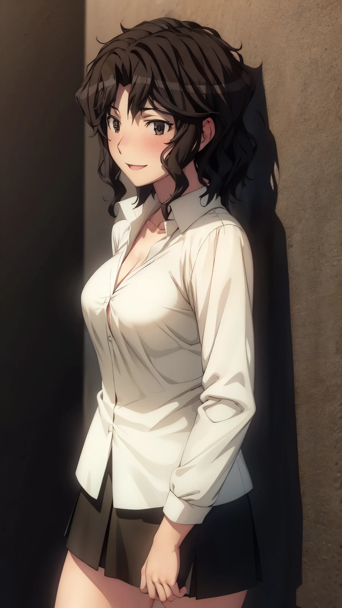 ( super high quality , super high resolution,16k,super masterpiece,Ultra HD ,Detailed shading and background,) sexy girl ,( white shirt, cleavage in years, black miniskirt,)smile,blush,