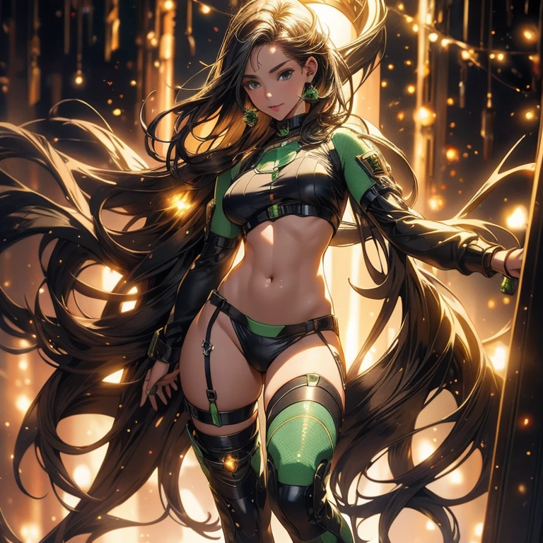 (Masterpiece, 4k resolution, ultra-realistic, very detailed), (Theme of knights of the zodiac, charismatic, there is a girl at the top of the city, wearing a golden gold armor Sagittarius knight, she is a superhero), [ ((20 years), (long green hair:1.2), full body, nsfw, (green eyes:1.2), ((fighting pose),show of strength), ((sandy urban environment):0.8)| (cityscape, at night, dynamic lights), (full moon))