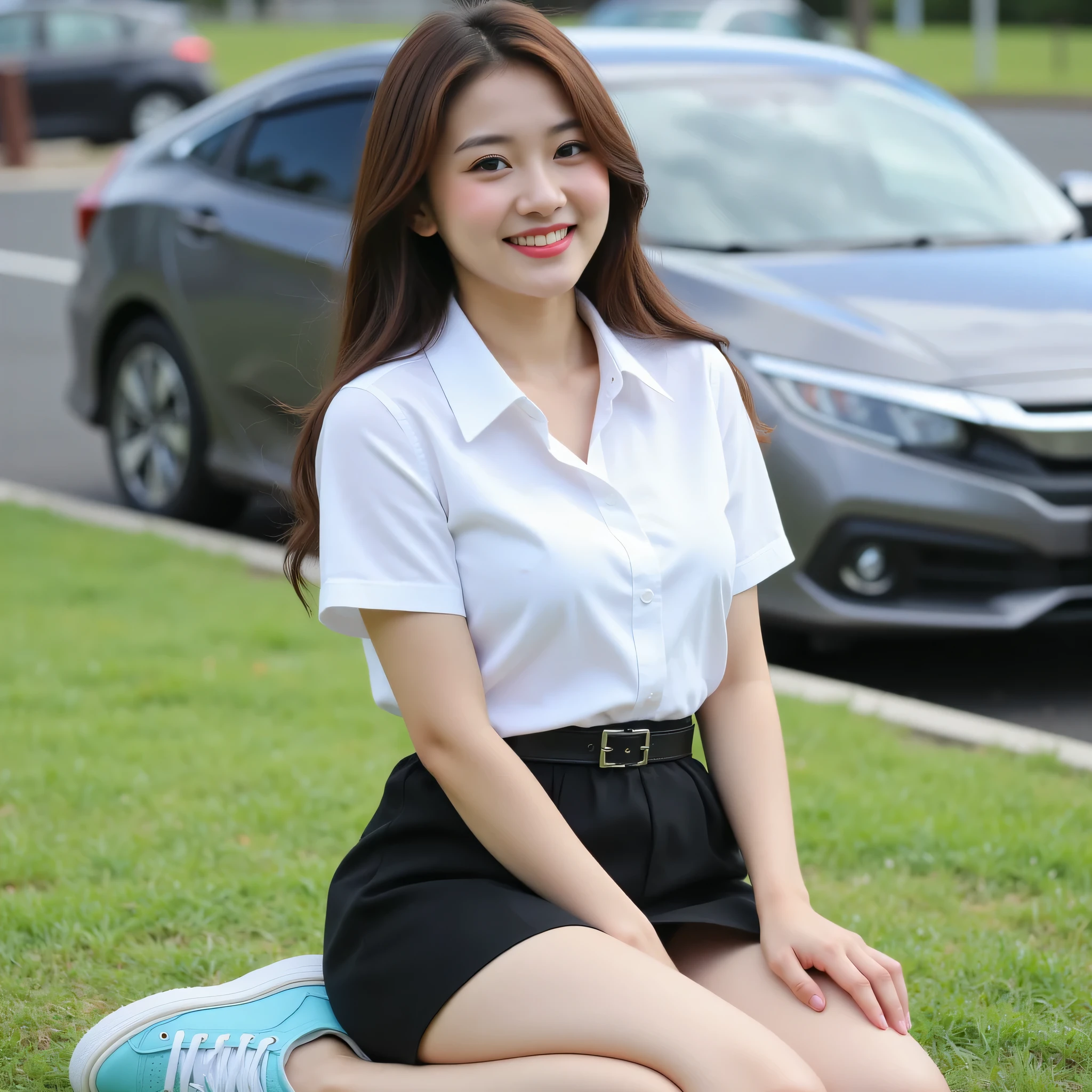 The young Asian girl with long brown hair poses gracefully, radiating charm in a White short-sleeved button-up shirt, paired with a black skirt cinched with a stylish belt. Her makeup features a luminous pinkish tone with glittery pink lipstick, accentuating her captivating smile. She sits elegantly on the grass, showcasing her light blue and white sneakers. Behind her, a Honda Civic is parked by the roadside next to a parking lot. enhances her allure, drawing the attention of every onlooker.,Mahalai uniform 