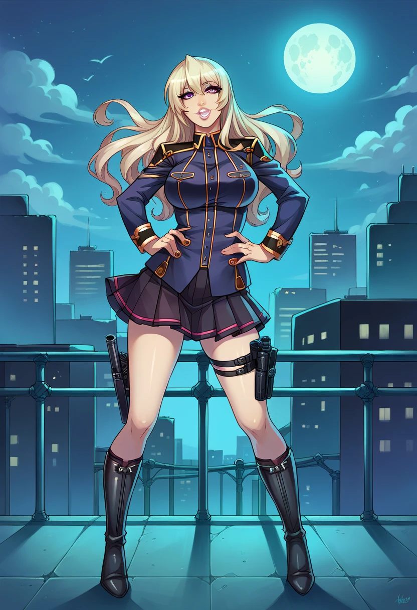 score_9, score_8_ up, score_7_ up, score_6_ up, No posts, break,
Kira Kushan standing , places her hands on her hips, showing the V sign , cowboy shooting at the audience,
1 girl, Black women, Alone,
Audience , , Open Lips, happy ,
twin tails, long hair, purple eyes, Thick lips, White lips,
military uniform, pleated skirt, knee-high socks with lace, High Heel Boots, thigh holster ,
curved , big breasts,
Outdoors, knight , city, rooftop , moon,