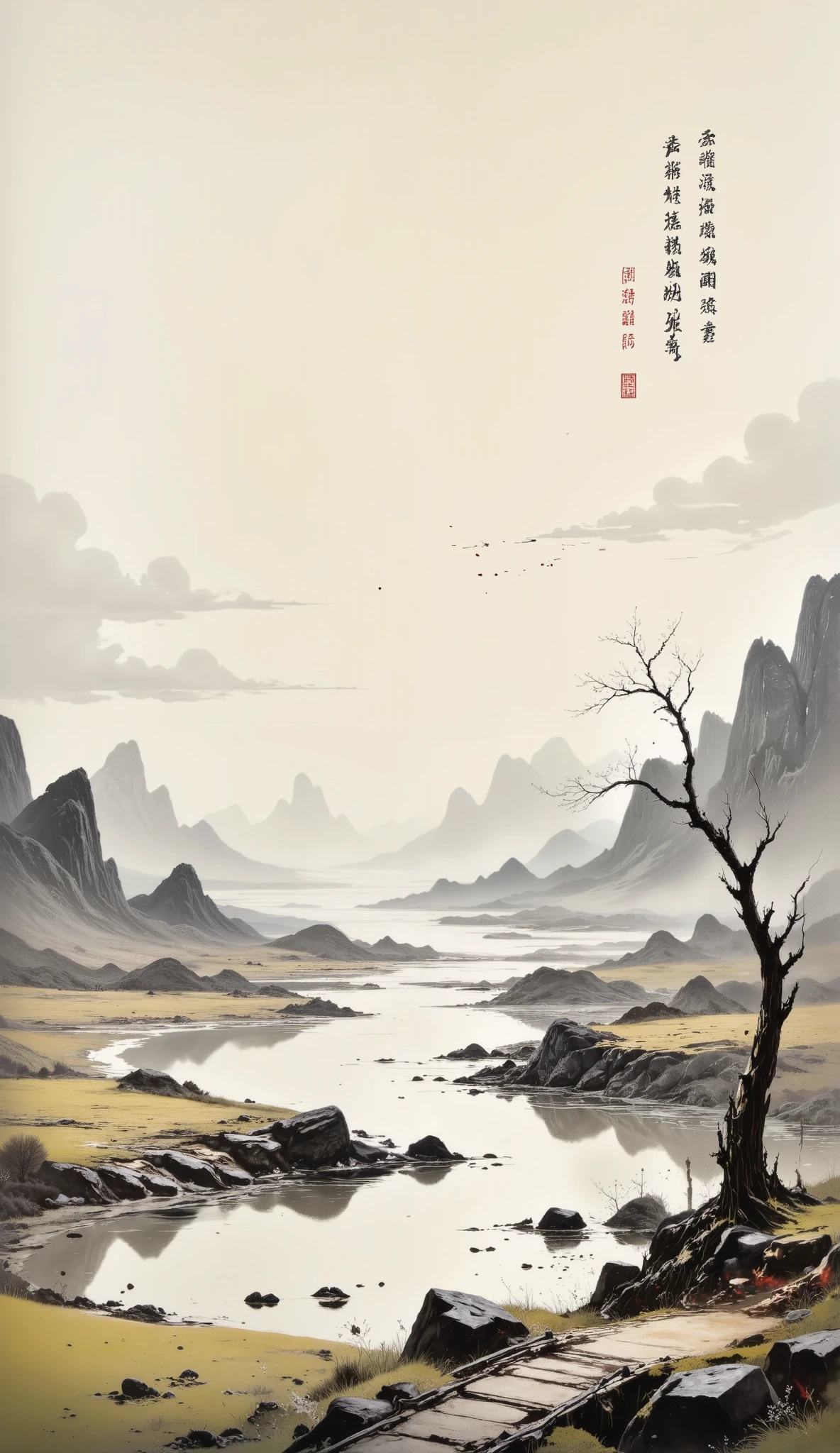  Chinese landscape painting  ，pintura a ink y acuarela，ink de agua，ink，stain，distant Vista， Ultra-wide viewing angle，Meticulous，Diagrama de cinco vacas，Cinco revendedores，shore， small stone bridge ，grass fields，The tree，The view is a mountain .，（8k wallpaper），（  Light and Shadow Effect  ）， rendered by octane ， White Balance Design ， Extremely detailed image rendering，wide angles， depth of field，tmasterpiece， realistic ，beautifully portrayed ，A detailed，acura， masterpieces ，tmasterpiece