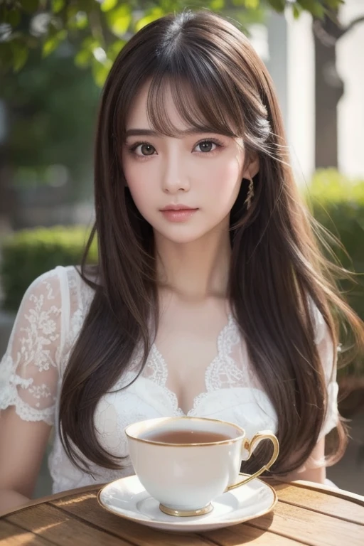 best quality , work, ( realistic: 1,2), 1 girl, tea hair, brown eyes, Front , detailed face, beautiful eyes