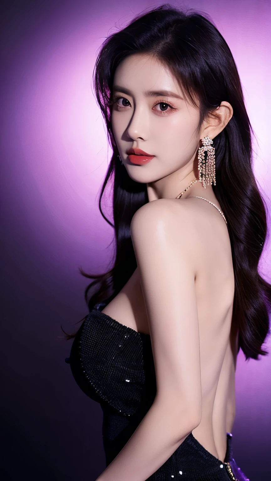 Ultra HD resolution，earrings,Long hair,Black background,Purple backless dress,necklace,H Cup，Showing cleavage，Show more breasts，Amazing breast size，nipple，Expose the areola，Breast enlargement，Cool white skin，Big buttocks，Messy hair，Messy hair，Ruddy complexion，sweater， showing areolas 