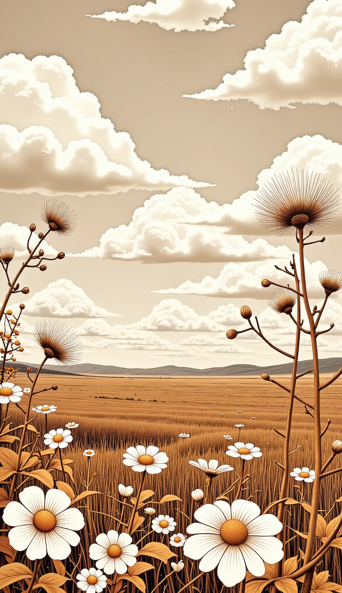 paper_Cut, Natural and organic representations of vast landscapes ,Sky and steppe,Kelsang flowers ,clouds, big wind , Features earthy tones and botanical motifs , Removing connections with nature and the environment.,Influenced by botanical illustrations or environmental art, soft lighting,( warm color :1.15), best quality exquisite details , 3D rendering of