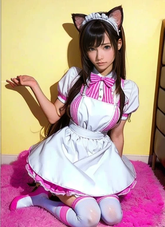 (Pink floor、Pink table、pink chair、Pink Wall、Pink counter、This is a cafe that uses a lot of pink.:1.3)　((woman in a black and white dress and a hat, Maid outfit, Maid dress, Catboy Cosplay! Maid! dress, anime girl in a Maid costume, Maid costume, anime cat girl in a Maid costume, black gothic lolita dress, gorgeous Maid, wearing Maid uniform, Lolita Style, High Quality Costume,Sexy female cosplay, Maid))　(Her bangs are the perfect full bangs:1.2)　(Upper Body Shot:1.1)　((highest quality)), ((masterpiece)), (Familiar), (Get used to it)　(Reaches up to the kneeVery long hair　highest quality　Highest detail　Reaches up to the knee、Very long hair that lasts forever:1.3　Flowing Hair　Very shiny and thick hair　Flowing Hair on both ends　long hair up to the knees:1.2　long hair up to the knees:1.2　Thick and shiny hair　Very free hair　Abnormally long hair!!!!!　Beautiful silky hair　Beautiful and shiny hair　Beautiful and shiny hair　Beautiful silky hair　Hair that grows to the knees　Very very, Very long hair!!!!!　Very very, Very long hair!!!!!)　(highest quality　The best ultra-fine　Reaches up to the knee、Very long hair that lasts forever　Flowing Hair　Very shiny and thick hair　Flowing Hair on both ends　long hair up to the knees:1.2　long hair up to the knees:1.2　Thick and shiny hair　Very free hair　Abnormally long hair!!!!!　Beautiful silky hair　Super long hair down to the knees　Beautiful and shiny hair　Beautiful and shiny hair　Beautiful silky hair　Hair that grows to the knees　Very very, Very long hair!!!!!　Very very, Very long hair!!!!!　Her hair is gently permed　Bright pink hair)　(She is the most beautiful 28-year-old hair model in Japan..)　Perfect Woman&#39;face　(She has a typical Japanese build and skin color..., Her skin is very high quality and ultra high definition.、very beautiful and glowing skin)　(Excessive breasts)　(Her face is long, Eyes and nose)（She has a professional makeup artist help her look cute...　Lipstick is natural red　The eyeliner is a beautiful black)　(Surreal photos by professional photographers :1.2)　(She is wearing a beautiful blue silk camisole dress. :1.2)　((Her bangs are completely cut off.))　(She has a typical Japanese build and skin color　Her skin is very delicate and sensitive..、and、Such beautiful and radiant skin)　(Her face is long, Small eyes and nose.、Narrow-mouthed　and the most beautiful)　(Solo photos of Japan&#39;s most beautiful 28-year-old Maid)　　((Rich 1.4))　(Extremely detailed 8K)　(Ultra-fine skin texture 1.4)　(Actual, Vibrant:1.4), 　Sharp focus:1.2、Beautiful woman:1.4　Dynamic Lighting　(Genuine RAW photos taken by professional photographers)　very beautiful and glowing skin)　(Excessive breasts)　(Her face is long, Eyes and nose)　Lipstick is natural red　The eyeliner is a beautiful black)　(Her hair is dark black, light brown, blonde, Red-brown, Dark Green, or dark blue..)　(Surreal photos by professional photographers :1.2)　Mio