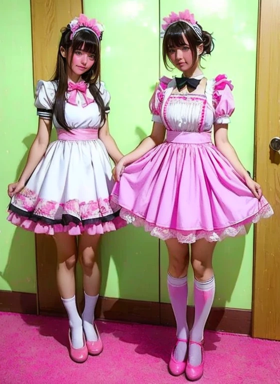 2 girls,Alice and a bunny girl,Alice in Wonderland is chasing a bunny girl,front view,