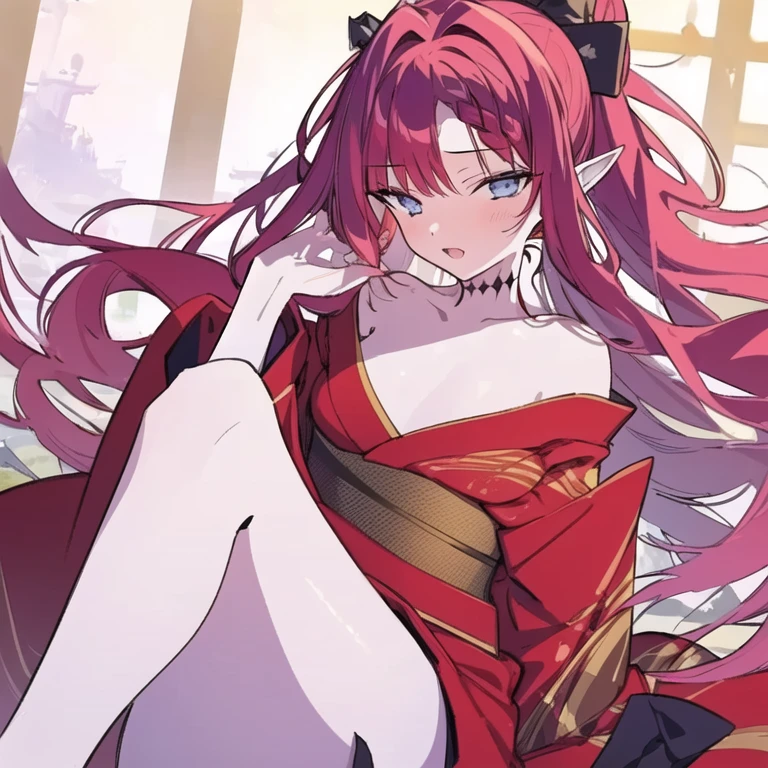 1girl, solo, long hair, breasts, looking at viewer, bangs, red eyes, bare shoulders, collarbone, red hair, japanese clothes, kimono, sash, bridal gauntlets, zoom layer, feather trim