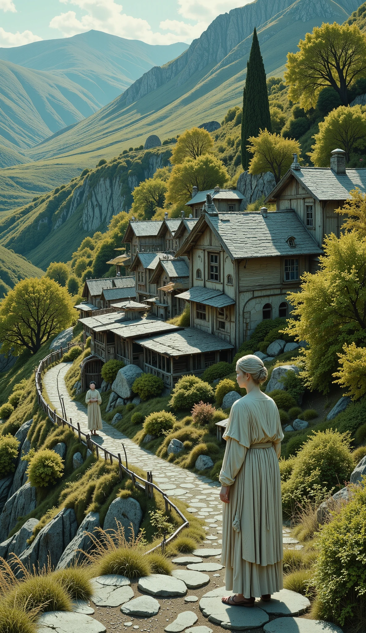 a lush fantasy village on the slopes in a Fae Ring clearing, thick oil painting, palette knife, luxurious greek mythology, solemn, (best quality,4k,8k,highres,masterpiece:1.2),ultra-detailed,(realistic,photorealistic,photo-realistic:1.37),HDR,UHD,studio lighting,ultra-fine painting,sharp focus,physically-based rendering,extreme detail description,professional,vivid colors,bokeh,concept art