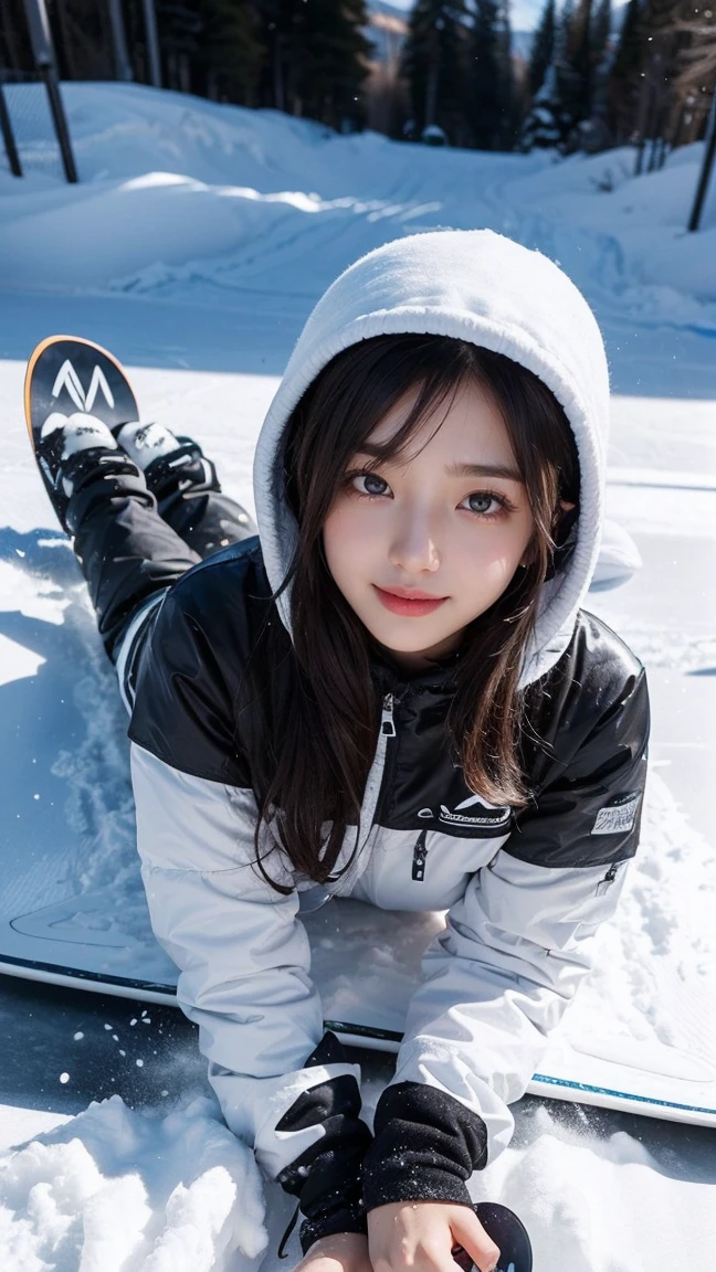 (A beautiful girl is sitting on a snowboard on the slope), (Outstanding style), ((Perfect Anatomy)), ((Detailed eyes and face:1.2, Professional photography techniques)), (Panty shot, Captivate those around you), Ultra-detailed, (Idol Face, Super cute face)