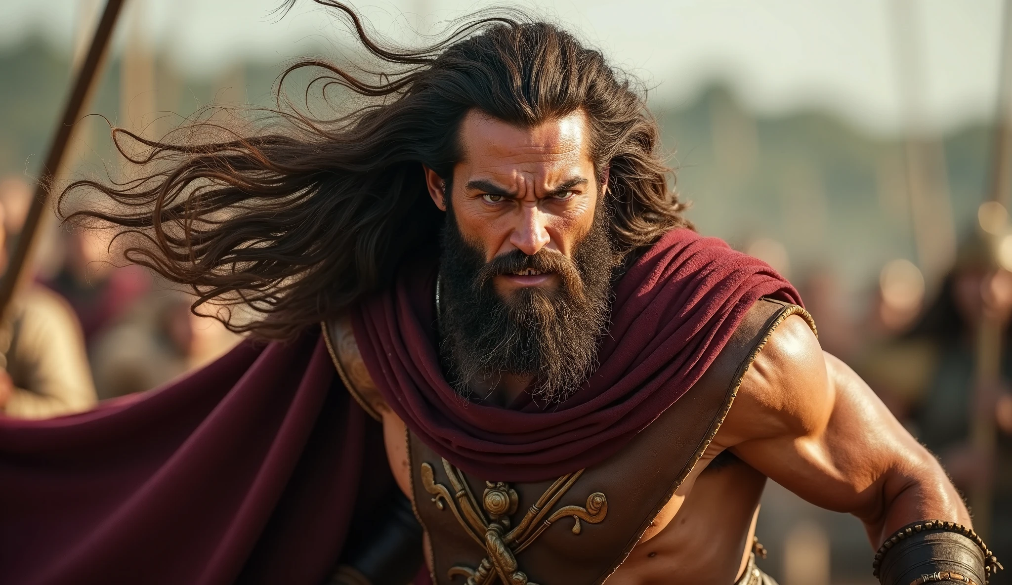 brown hair, hair over shoulder, hair rings, long braid, open mouth, smile, facial hair, triple braided beard, beard rings, heavy breathing, excited, teeth, crazy eyes, amber eyes, dilated pupils, from above, bokeh, Impressionism, high details, 1 Male Barbarian standing over the body of his opponent, blood stains his fur armour and cloak, He wears an embroidered crimson gown with gold details. He laughs in victory, Manic brown eyes, Scarred face, Colosseum, dirt ground, blood stains under dead opponent, Axe stuck in ground, subject looking at viewer