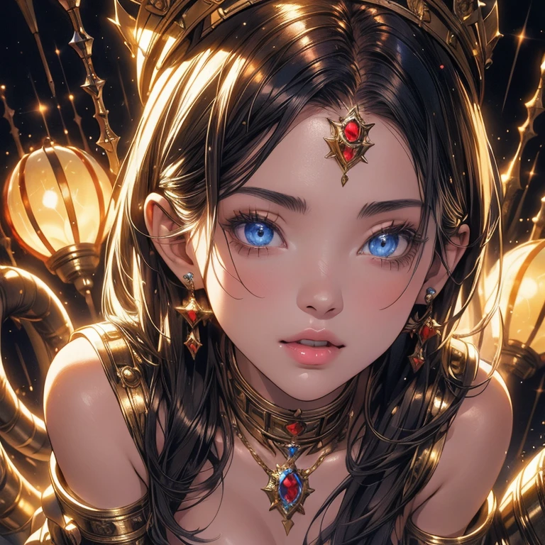 4K, A high resolution, Best quality at best, masterpiece, perfect colors, perfect shadow, perfect litthing, ((sportrait)), 1woman, fit-muscled body, bright yellow eyes，dark blue hair , blue eyes, With round lenses, The audience watched carefully, (s face: 1.2), Perfect female figure, ((standing)), ((beautiful queen in yellow dress suite, tight crop top, wraping in luxurious yellow hooded robes, yellow roses and skull adorn her cloth, (yellow tiara, yellow roses, gold skull ornamental, yellow dark))), ((shy and looking at viewert)), (Perfect thick white eyebrows) Delicate fur, 详细s face, s the perfect face, At a fantasy dark city , (model pose standing), energetic background, perfect dark city skyscape, lighting atmosphere, ((Bonifasko lighting)), (The round lenses on his eyes)(detailed eyes), Perfect student, ((face close up)), half breast open
