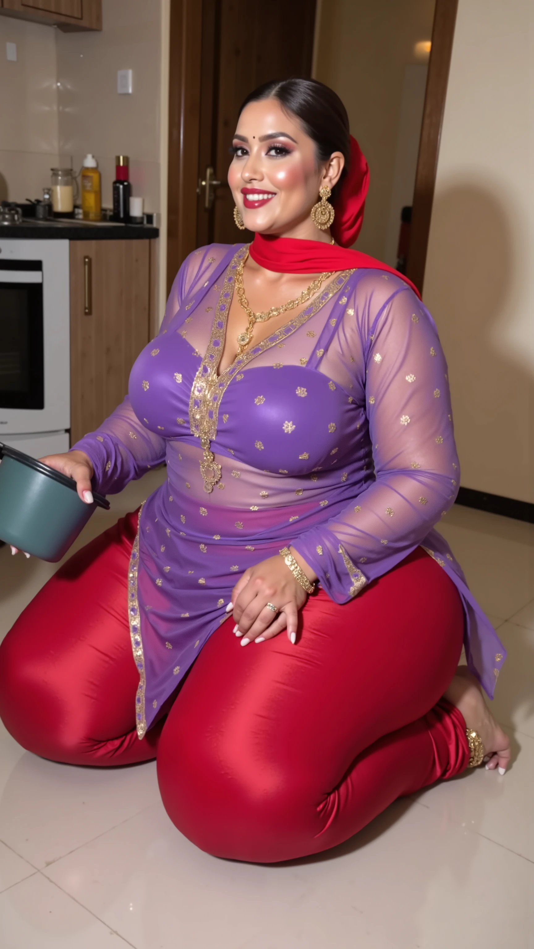 I am 40 year old plus size tall and big giant indian muslim women, looking like indian actress hansika motwani, wearing a gold boarded sleeveless transparent violet kurti and shining reflective glossy red tight leggings,red hijab,golden nose rings,nose stud, anklet,hanging ear rings,long golden chain on neck,white-skin,white skin tone, beautiful face,all indian traditional women make up and accessories,dark red lips, clean skin,low bun hair,celebrity face,,thick leggs, round ass,bulging ass,huge breast, side view of woman exposing ass ass and thighs through open kurti slit,sitting on knees in kitchen and cleaning the floor,looking the viewer,