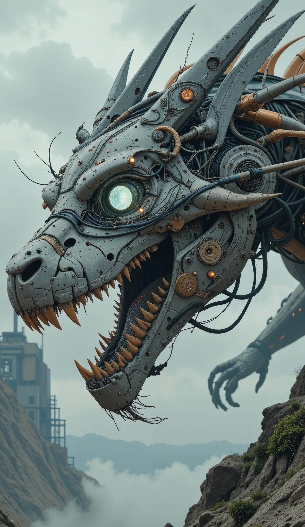 general plane , full body, Great Mechanical Dragon Creature, low shot: 1.7, Terminal Wires , Lights, Intricate Details, gears, futurist, cinematographic lighting, metallic, industrial, Science Fiction , ( envelopes, 4k, 8K, High resolution, masterpiece: 1.2), ultra Detailed , ( realistic , photo realistic , photo realistic : 1.37)