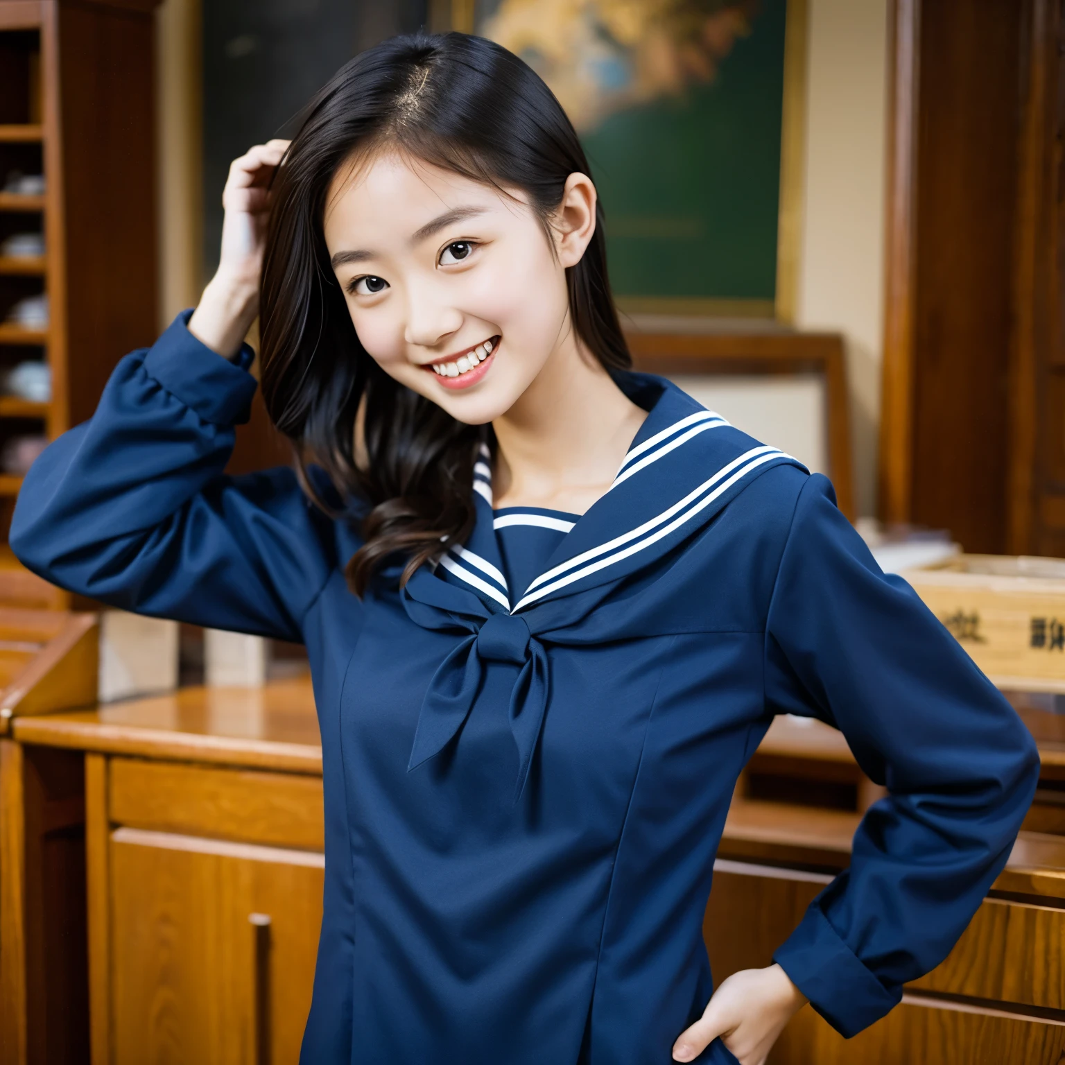 (Masterpiece,  best quality :1.2),  one girl, Alone,  sailor suit ,   dark blue ,  Long Sleeve, smile, 