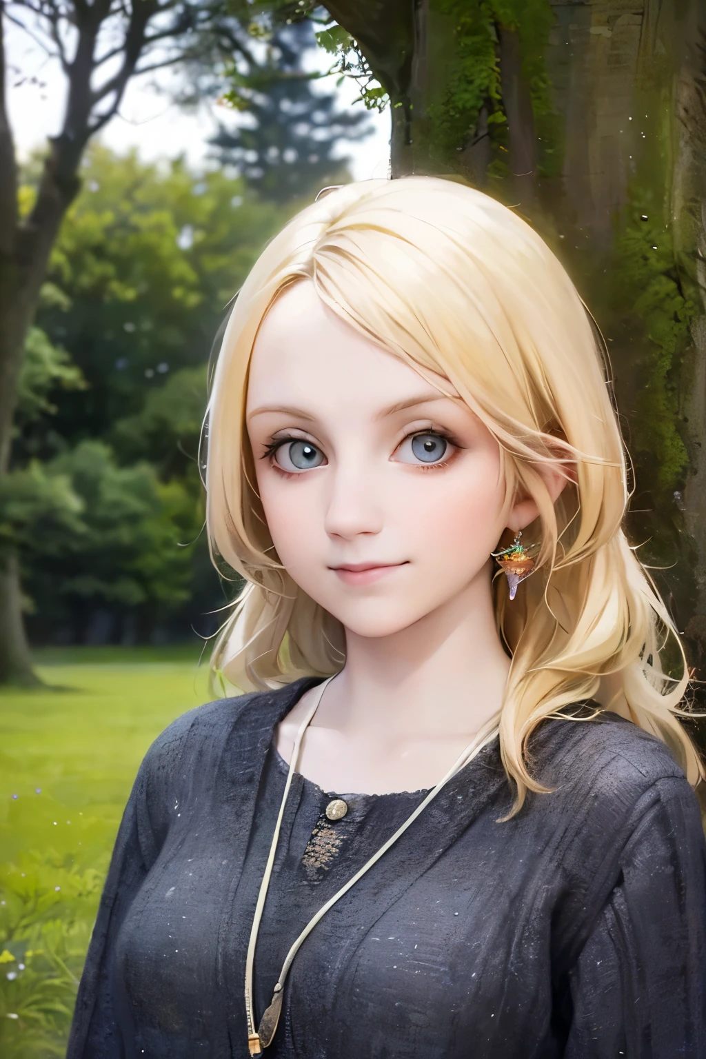 a girl standing in a field, blonde hair, radiant smile, whimsical expression, beautiful detailed eyes, beautiful detailed lips, extremely detailed face, long eyelashes, wearing a colorful flowing dress, fantasy magical realism style, glowing ethereal lighting, vibrant nature environment, lush green grass, blue sky with wispy clouds, golden hour warm tones, (best quality,4k,8k,highres,masterpiece:1.2),ultra-detailed,(realistic,photorealistic,photo-realistic:1.37) De pie con pelo largo