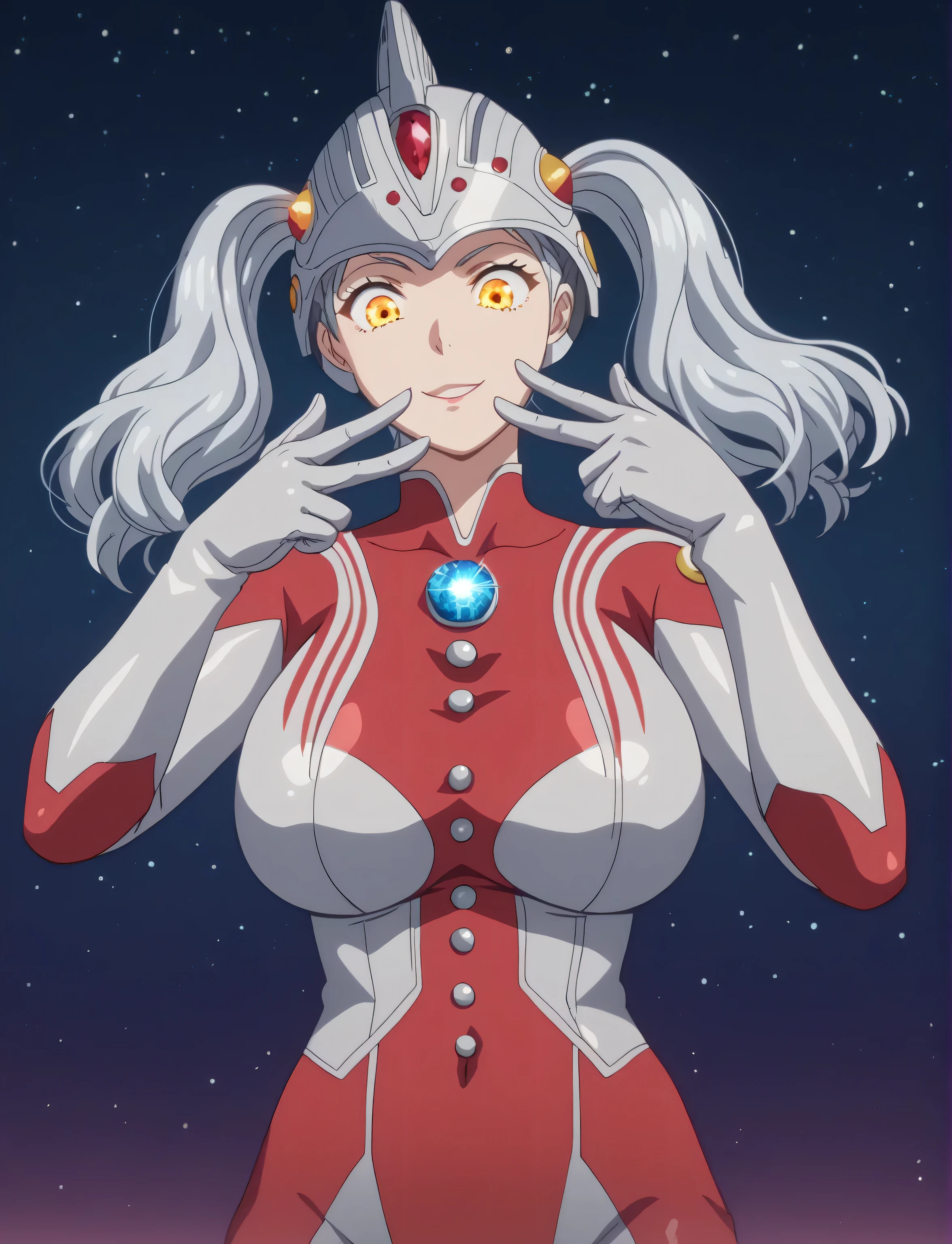 masterpiece, best quality, ((anime screenscap)), tokusatsu ultraman, giantess, mother_of_ultra, full head helmet, silver helmet, twin tails, yellow mechanical eyes, big breasts, blue gem, chest gem, glowing gem, silver buttons, silver body, red pattern, silver gloves, red boots, natural shading, perfect fingers, perfect body, galaxy, space background,