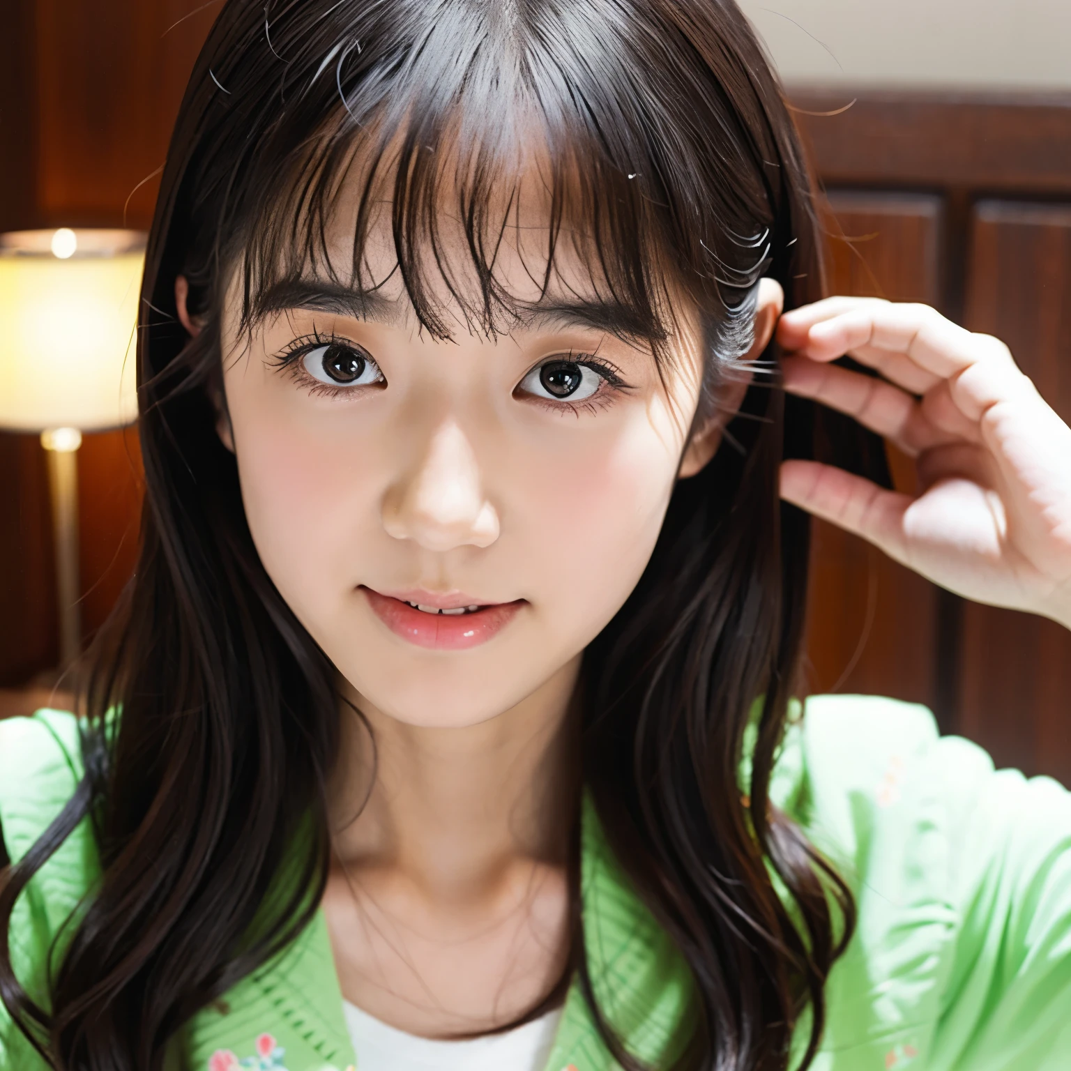 片方の乳房が横から完全に突き出ているネグリジェを着て orgasmに達している非常に美しいロングヘアの女性、Japanese woman with very feminine long hair 、( orgasmに達している美しい女性)、( orgasm:1.5)